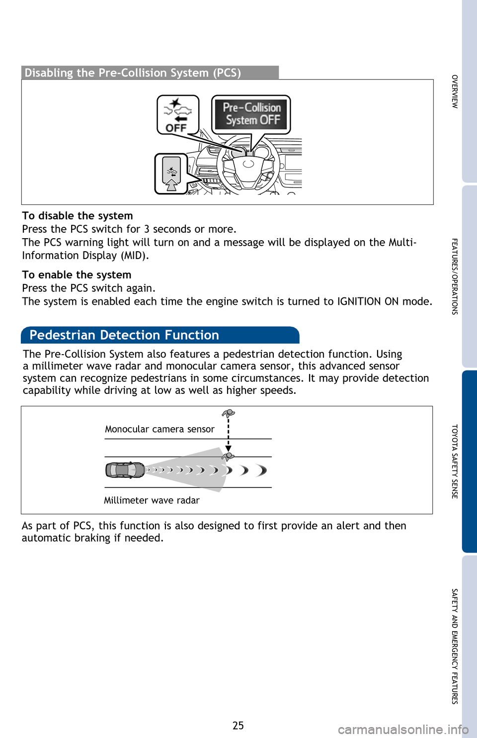 TOYOTA AVALON HYBRID 2016 XX40 / 4.G Quick Reference Guide 25
OVERVIEW FEATURES/OPERATIONS TOYOTA SAFETY SENSE SAFETY AND EMERGENCY FEATURES
 
Disabling the Pre-Collision System (PCS)
To disable the system
Press the PCS switch for 3 seconds or more.
The PCS w