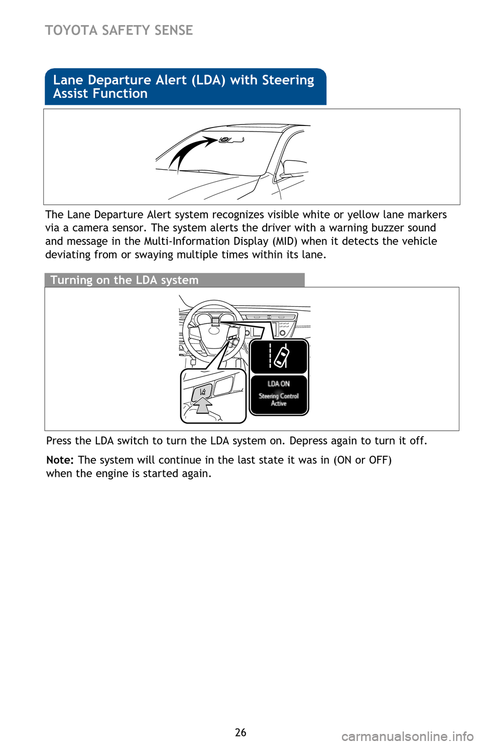 TOYOTA AVALON HYBRID 2016 XX40 / 4.G Quick Reference Guide 26
The Lane Departure Alert system recognizes visible white or yellow lane markers
via a camera sensor. The system alerts the driver with a warning buzzer sound
and message in the Multi-Information TOYOTA AVALON HYBRID 2016 XX40 / 4.G Quick Reference Guide 26
The Lane Departure Alert system recognizes visible white or yellow lane markers
via a camera sensor. The system alerts the driver with a warning buzzer sound
and message in the Multi-Information