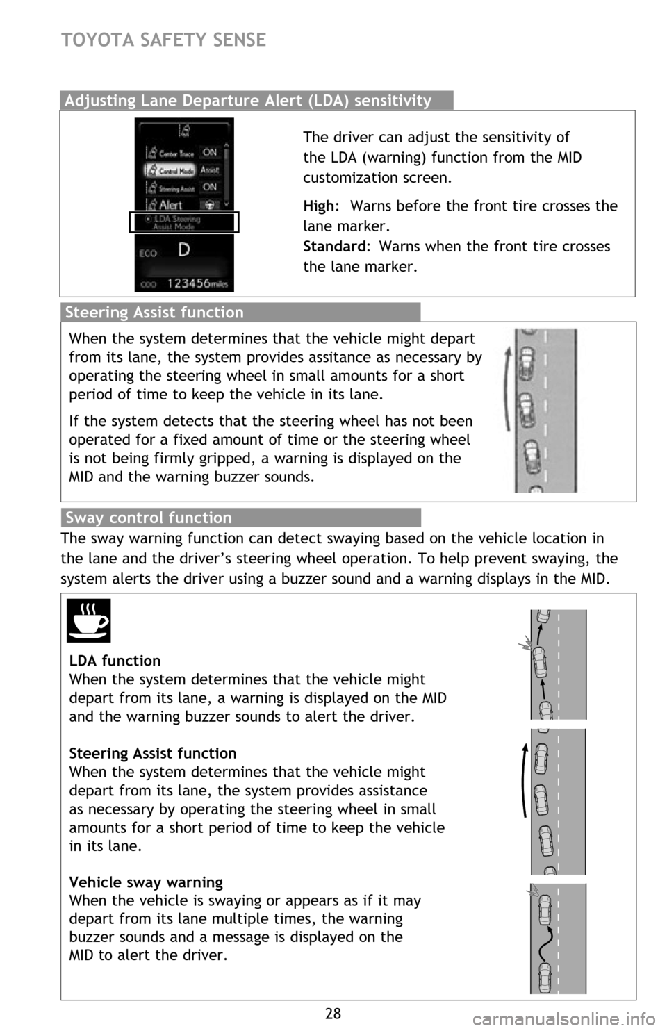 TOYOTA AVALON HYBRID 2016 XX40 / 4.G Quick Reference Guide 28
TOYOTA SAFETY SENSE
Adjusting Lane Departure Alert (LDA) sensitivity
The driver can adjust the sensitivity of
the LDA (warning) function from the MID
customization screen.
High: Warns before the TOYOTA AVALON HYBRID 2016 XX40 / 4.G Quick Reference Guide 28
TOYOTA SAFETY SENSE
Adjusting Lane Departure Alert (LDA) sensitivity
The driver can adjust the sensitivity of
the LDA (warning) function from the MID
customization screen.
High: Warns before the