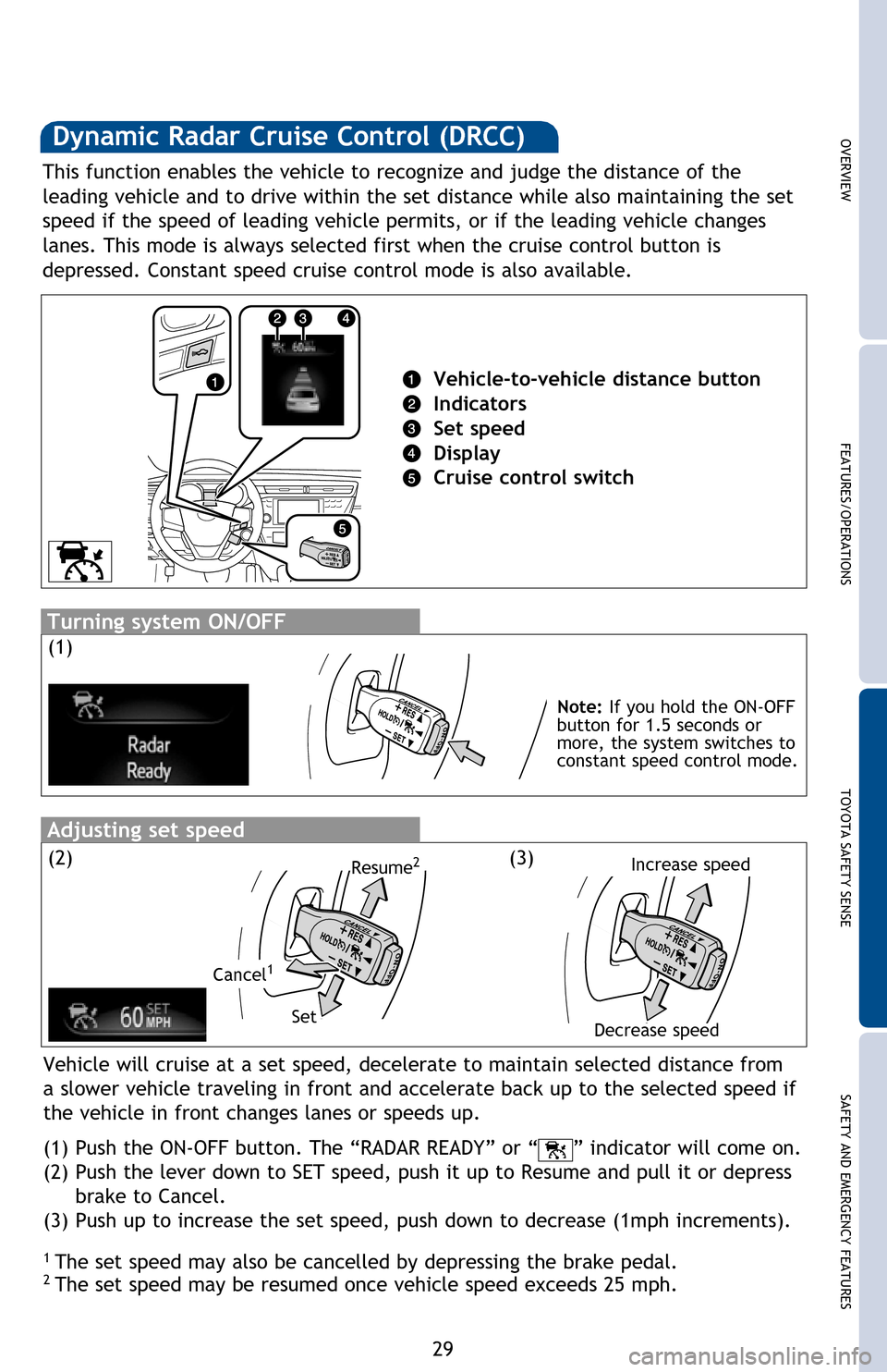 TOYOTA AVALON HYBRID 2016 XX40 / 4.G Quick Reference Guide 29
OVERVIEW FEATURES/OPERATIONS TOYOTA SAFETY SENSE SAFETY AND EMERGENCY FEATURESDynamic Radar Cruise Control (DRCC)
1 The set speed may also be cancelled by depressing the brake pedal.2 The set spee TOYOTA AVALON HYBRID 2016 XX40 / 4.G Quick Reference Guide 29
OVERVIEW FEATURES/OPERATIONS TOYOTA SAFETY SENSE SAFETY AND EMERGENCY FEATURESDynamic Radar Cruise Control (DRCC)
1 The set speed may also be cancelled by depressing the brake pedal.2 The set spee