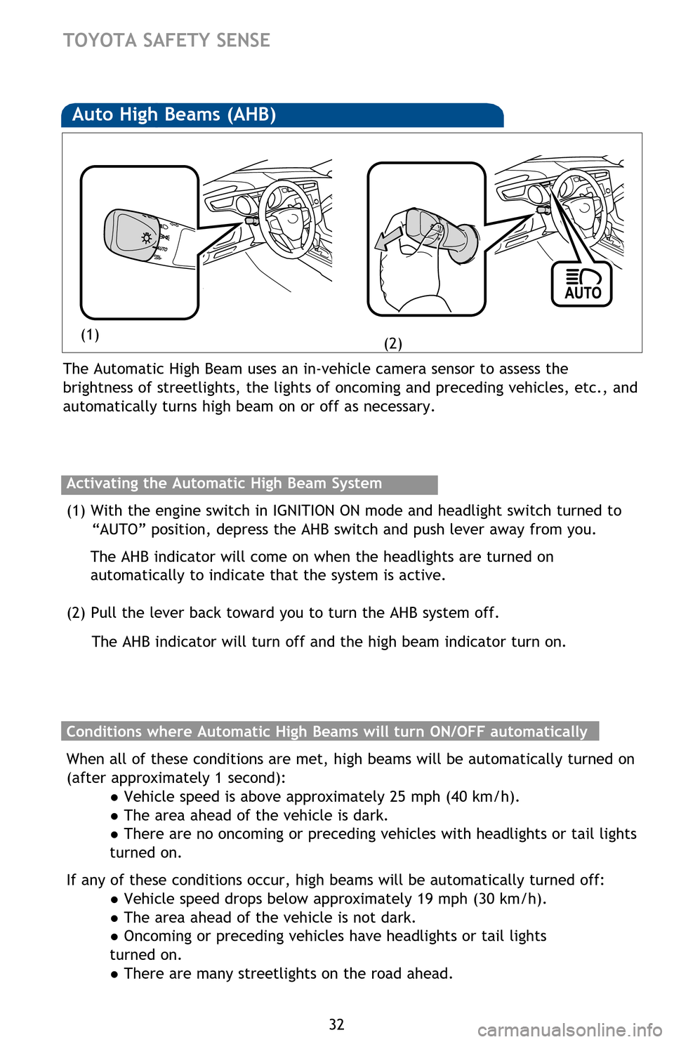 TOYOTA AVALON HYBRID 2016 XX40 / 4.G Quick Reference Guide 32
TOYOTA SAFETY SENSE
Conditions where Automatic High Beams will turn ON/OFF automatically
When all of these conditions are met, high beams will be automatically turned on
(after approximately 1 sec TOYOTA AVALON HYBRID 2016 XX40 / 4.G Quick Reference Guide 32
TOYOTA SAFETY SENSE
Conditions where Automatic High Beams will turn ON/OFF automatically
When all of these conditions are met, high beams will be automatically turned on
(after approximately 1 sec