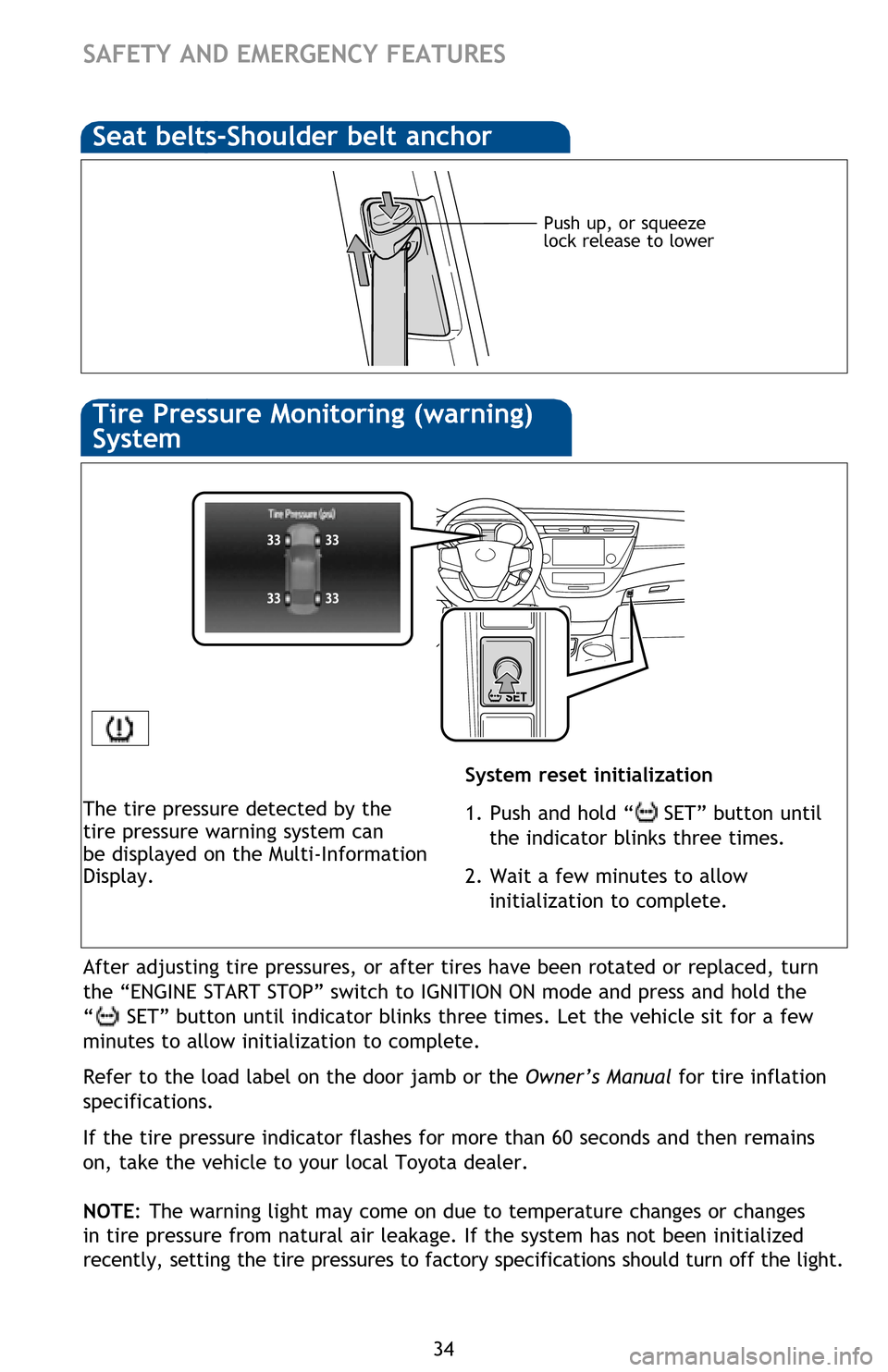 TOYOTA AVALON HYBRID 2016 XX40 / 4.G Quick Reference Guide 34
Push up, or squeeze
lock release to lower
Seat belts-Shoulder belt anchor
System reset initialization
1. Push and hold “
SET” button until
the indicator blinks three times.
2. Wait a few min TOYOTA AVALON HYBRID 2016 XX40 / 4.G Quick Reference Guide 34
Push up, or squeeze
lock release to lower
Seat belts-Shoulder belt anchor
System reset initialization
1. Push and hold “
SET” button until
the indicator blinks three times.
2. Wait a few min