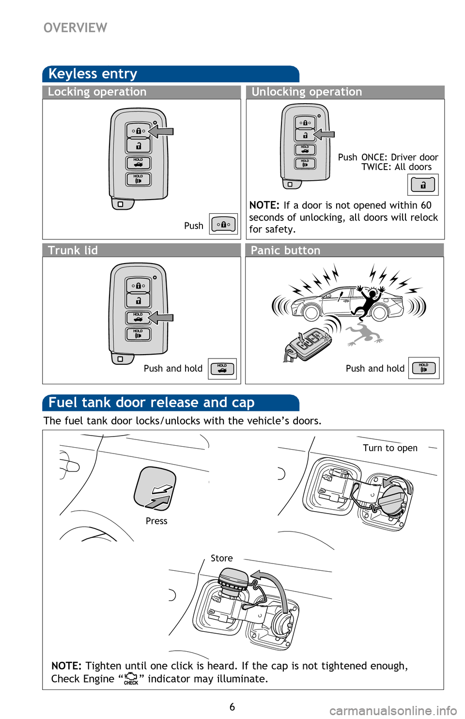 TOYOTA AVALON HYBRID 2016 XX40 / 4.G Quick Reference Guide 6
OVERVIEW
Keyless entry
Push ONCE: Driver door
TWICE: All doors
Locking operationUnlocking operation
Panic button
Push and hold
NOTE: If a door is not opened within 60
seconds of unlocking, all d TOYOTA AVALON HYBRID 2016 XX40 / 4.G Quick Reference Guide 6
OVERVIEW
Keyless entry
Push ONCE: Driver door
TWICE: All doors
Locking operationUnlocking operation
Panic button
Push and hold
NOTE: If a door is not opened within 60
seconds of unlocking, all d