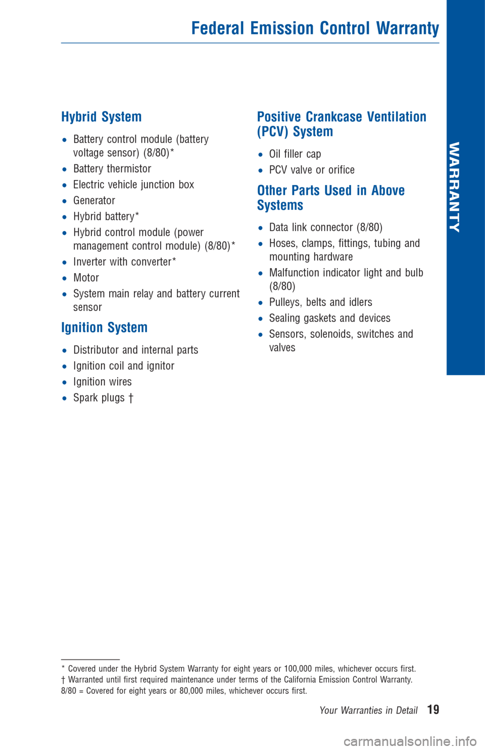 TOYOTA AVALON HYBRID 2016 XX40 / 4.G Warranty And Maintenance Guide Hybrid System
•Battery control module (battery
voltage sensor) (8/80)*
•Battery thermistor
•Electric vehicle junction box
•Generator
•Hybrid battery*
•Hybrid control module (power
manageme