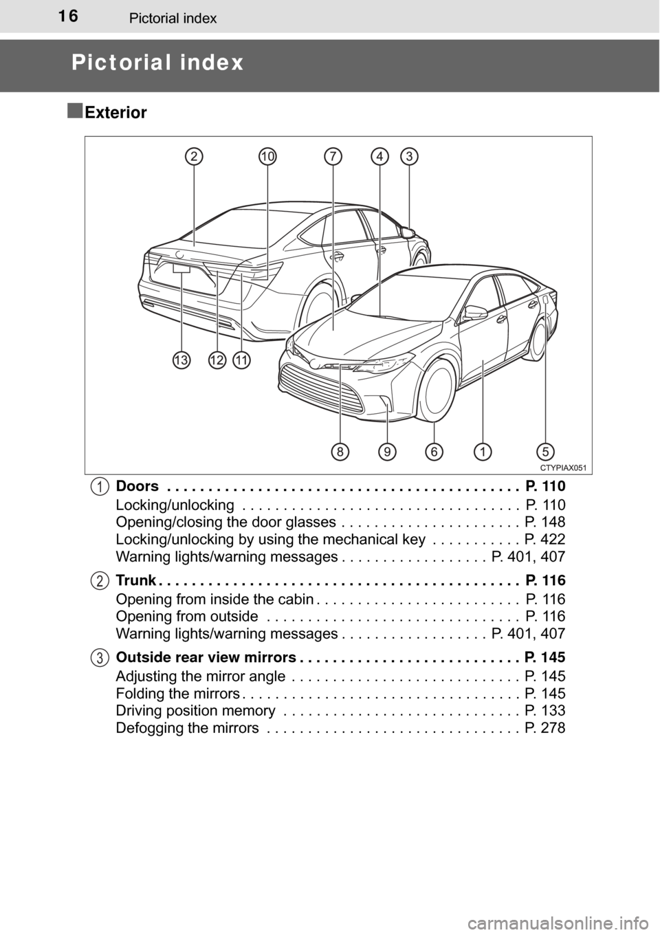 TOYOTA AVALON HYBRID 2017 XX40 / 4.G Owners Manual 16Pictorial index
Pictorial index
■
Exterior
Doors  . . . . . . . . . . . . . . . . . . . . . . . . . . . . . . . . . . . . . . . . . . .  P. 110
Locking/unlocking  . . . . . . . . . . . . . . . . .