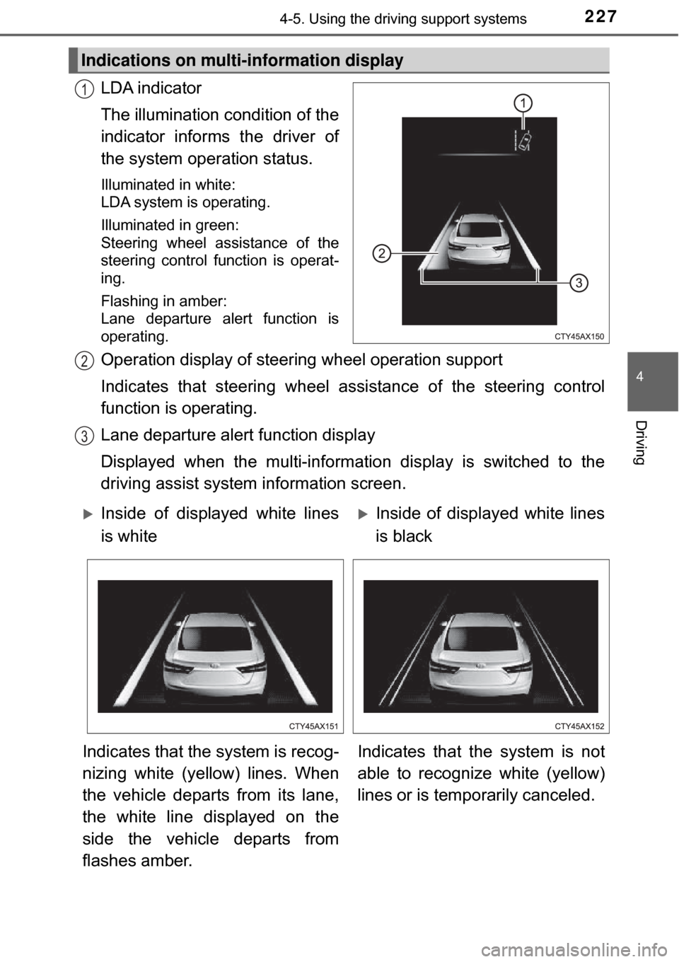 TOYOTA AVALON HYBRID 2017 XX40 / 4.G Owners Manual 2274-5. Using the driving support systems
4
Driving
LDA indicator
The illumination condition of the
indicator informs the driver of
the system operation status.
Illuminated in white:
LDA system is op TOYOTA AVALON HYBRID 2017 XX40 / 4.G Owners Manual 2274-5. Using the driving support systems
4
Driving
LDA indicator
The illumination condition of the
indicator informs the driver of
the system operation status.
Illuminated in white:
LDA system is op