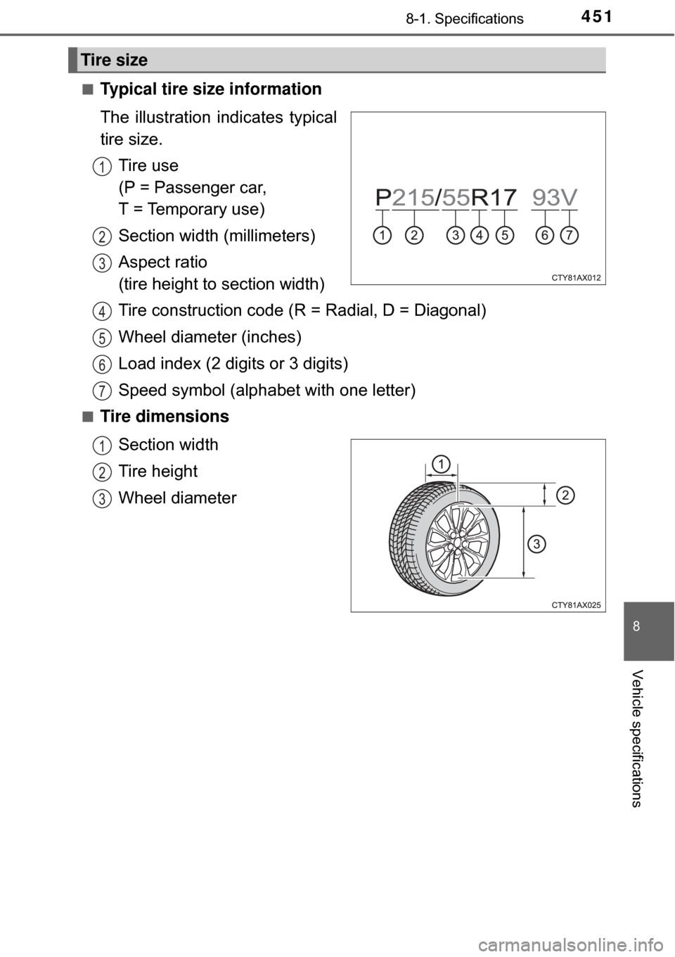TOYOTA AVALON HYBRID 2017 XX40 / 4.G Owners Manual 4518-1. Specifications
8
Vehicle specifications
■Typical tire size information
The illustration indicates typical
tire size.
Tire use 
(P = Passenger car, 
T = Temporary use)
Section width (millimet