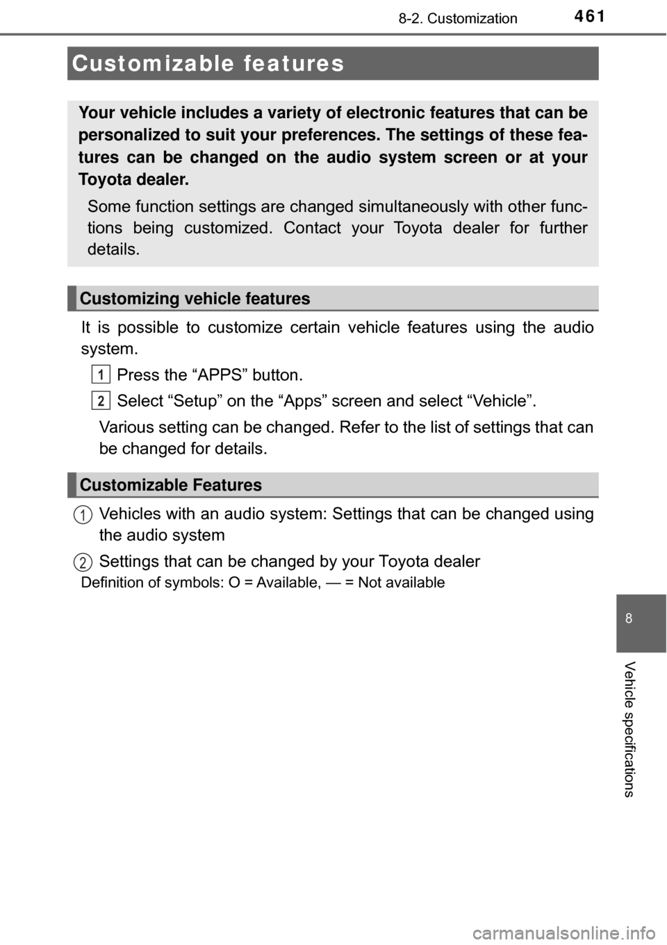 TOYOTA AVALON HYBRID 2017 XX40 / 4.G Owners Manual 461
8
Vehicle specifications
8-2. Customization
It is possible to customize certain vehicle features using the audio
system.Press the “APPS” button.
Select “Setup” on the “Apps” screen and TOYOTA AVALON HYBRID 2017 XX40 / 4.G Owners Manual 461
8
Vehicle specifications
8-2. Customization
It is possible to customize certain vehicle features using the audio
system.Press the “APPS” button.
Select “Setup” on the “Apps” screen and