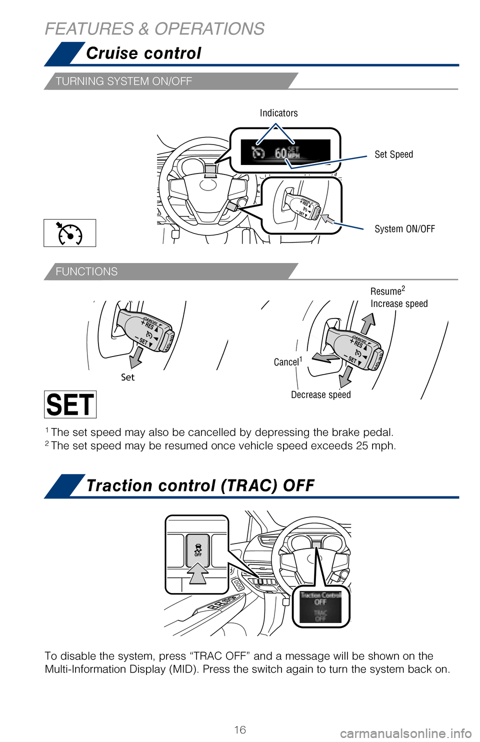 TOYOTA AVALON HYBRID 2017 XX40 / 4.G Quick Reference Guide 16
Cruise control
Traction control (TRAC) OFF
TURNING SYSTEM ON/OFF
FUNCTIONS
FEATURES & OPERATIONS
To disable the system, press “TRAC OFF” and a message will be show\
n on the
Multi-Information TOYOTA AVALON HYBRID 2017 XX40 / 4.G Quick Reference Guide 16
Cruise control
Traction control (TRAC) OFF
TURNING SYSTEM ON/OFF
FUNCTIONS
FEATURES & OPERATIONS
To disable the system, press “TRAC OFF” and a message will be show\
n on the
Multi-Information