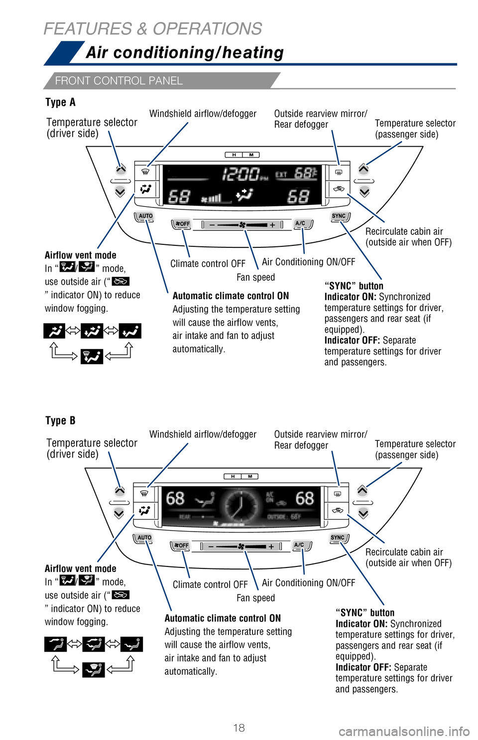 TOYOTA AVALON HYBRID 2017 XX40 / 4.G Quick Reference Guide 18
FEATURES & OPERATIONS
FRONT CONTROL PANEL
REAR CONTROL PANEL (IF EQUIPPED)
Type A
Type B
To operate, push knob to pop the
controller out. Then, turn clockwise for
heater or turn counter-clockwise TOYOTA AVALON HYBRID 2017 XX40 / 4.G Quick Reference Guide 18
FEATURES & OPERATIONS
FRONT CONTROL PANEL
REAR CONTROL PANEL (IF EQUIPPED)
Type A
Type B
To operate, push knob to pop the
controller out. Then, turn clockwise for
heater or turn counter-clockwise