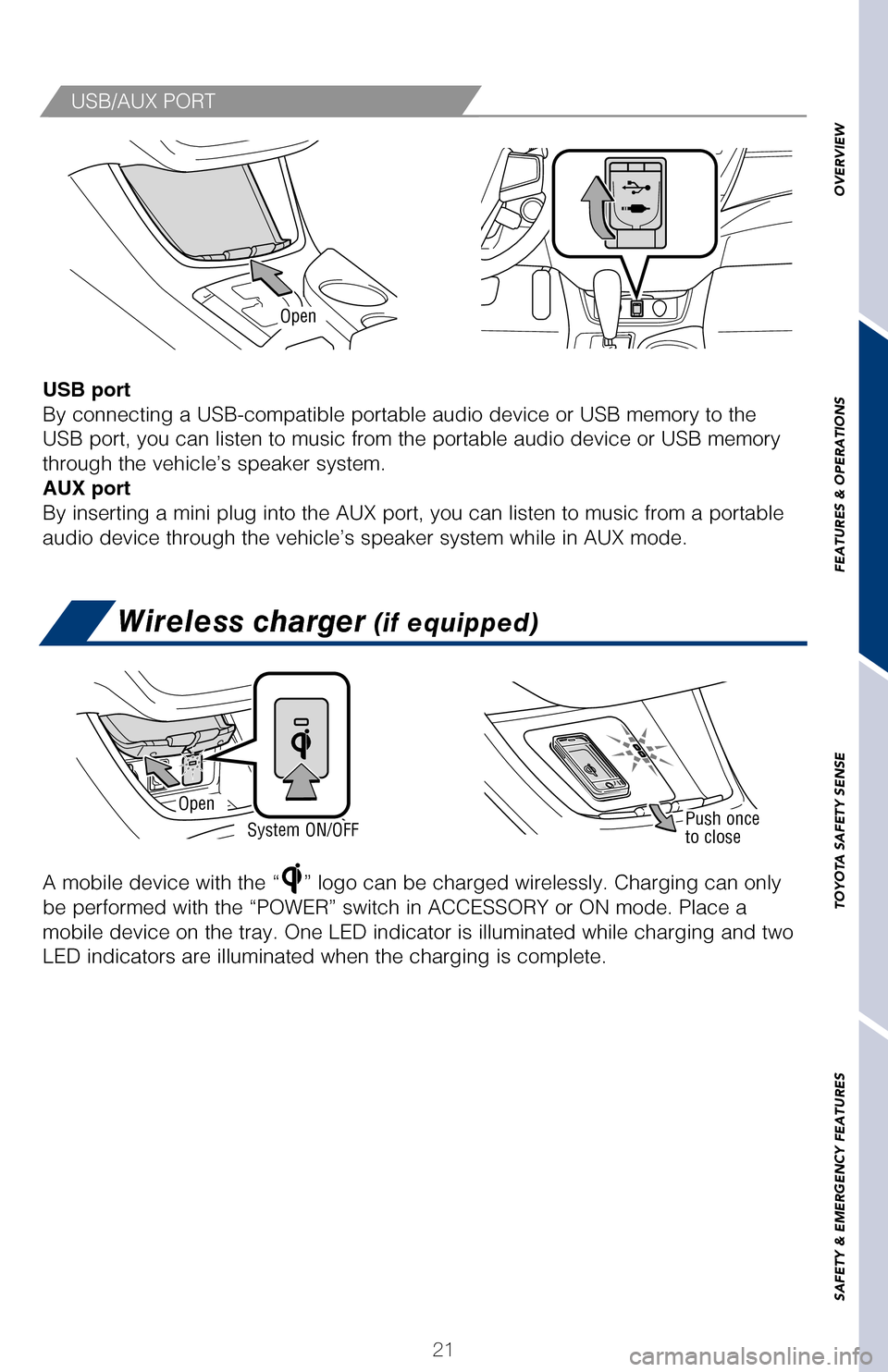 TOYOTA AVALON HYBRID 2017 XX40 / 4.G Quick Reference Guide 21
OVERVIEW
FEATURES & OPERATIONS
TOYOTA SAFETY SENSE
SAFETY & EMERGENCY FEATURES
Audio*
Wireless charger (if equipped)
Back button
Returns to the previous screen.
“vvvv”
Use to search within a se TOYOTA AVALON HYBRID 2017 XX40 / 4.G Quick Reference Guide 21
OVERVIEW
FEATURES & OPERATIONS
TOYOTA SAFETY SENSE
SAFETY & EMERGENCY FEATURES
Audio*
Wireless charger (if equipped)
Back button
Returns to the previous screen.
“vvvv”
Use to search within a se