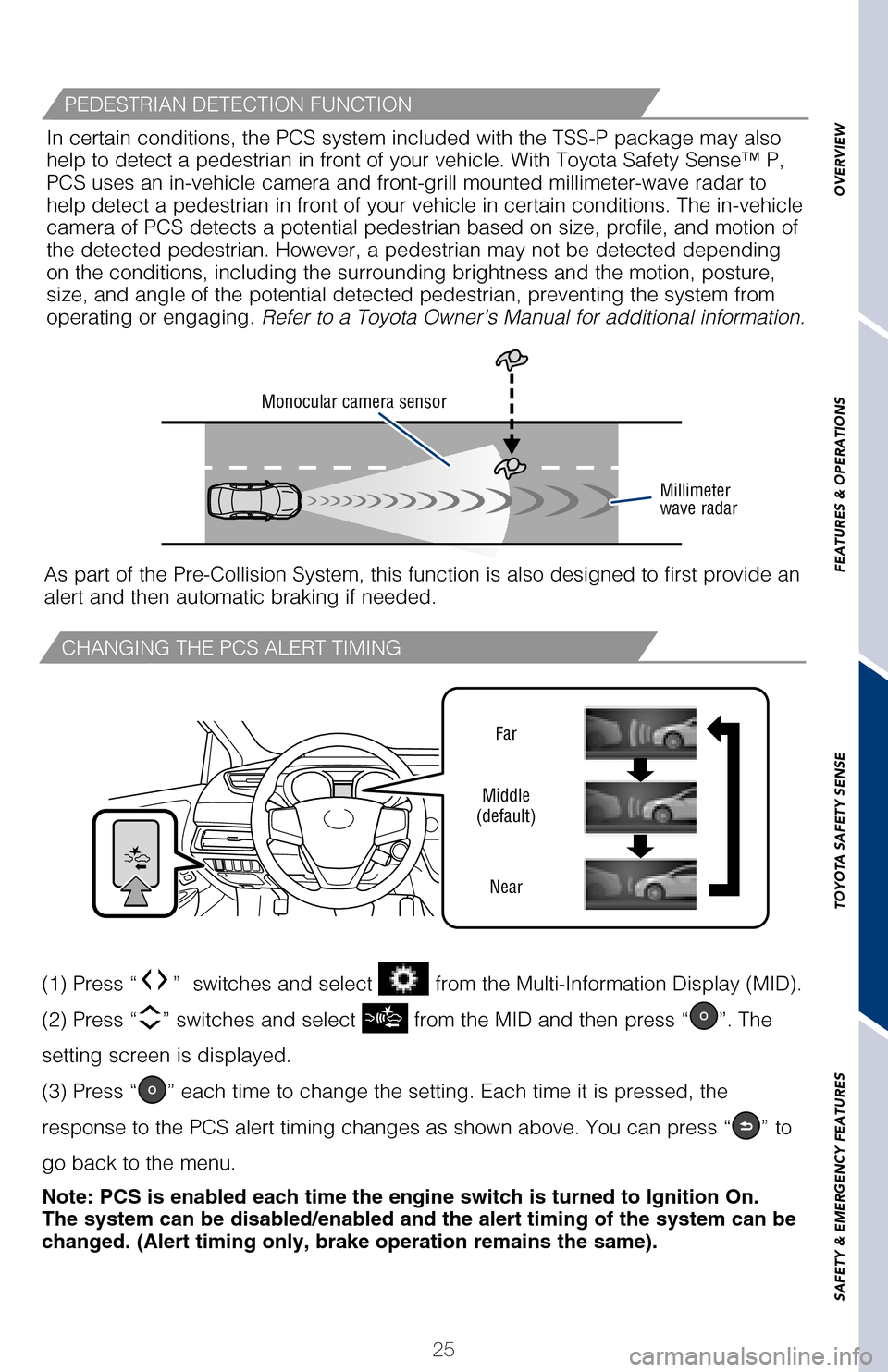 TOYOTA AVALON HYBRID 2017 XX40 / 4.G Quick Reference Guide 25
OVERVIEW
FEATURES & OPERATIONS
TOYOTA SAFETY SENSE
SAFETY & EMERGENCY FEATURES
The Pre-Collision System uses a radar sensor and camera sensor to help d\
etect
vehicles and pedestrians in front of TOYOTA AVALON HYBRID 2017 XX40 / 4.G Quick Reference Guide 25
OVERVIEW
FEATURES & OPERATIONS
TOYOTA SAFETY SENSE
SAFETY & EMERGENCY FEATURES
The Pre-Collision System uses a radar sensor and camera sensor to help d\
etect
vehicles and pedestrians in front of