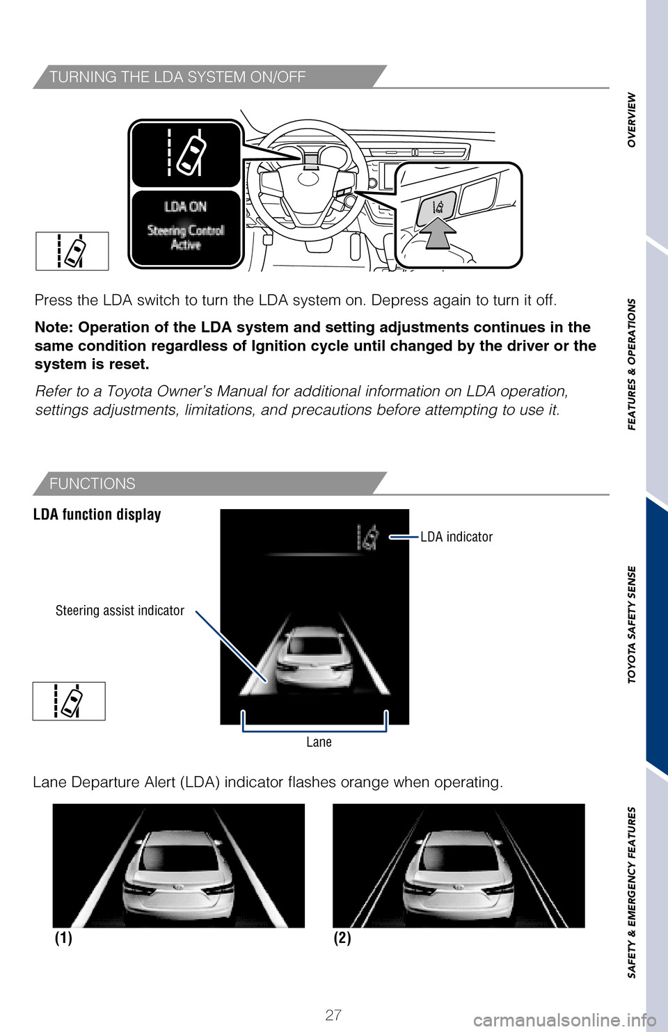 TOYOTA AVALON HYBRID 2017 XX40 / 4.G Quick Reference Guide 27
OVERVIEW
FEATURES & OPERATIONS
TOYOTA SAFETY SENSE
SAFETY & EMERGENCY FEATURES
LDA in TSS-P uses an in-vehicle camera designed to detect visible white \
and yellow
lane markers in front of the veh TOYOTA AVALON HYBRID 2017 XX40 / 4.G Quick Reference Guide 27
OVERVIEW
FEATURES & OPERATIONS
TOYOTA SAFETY SENSE
SAFETY & EMERGENCY FEATURES
LDA in TSS-P uses an in-vehicle camera designed to detect visible white \
and yellow
lane markers in front of the veh