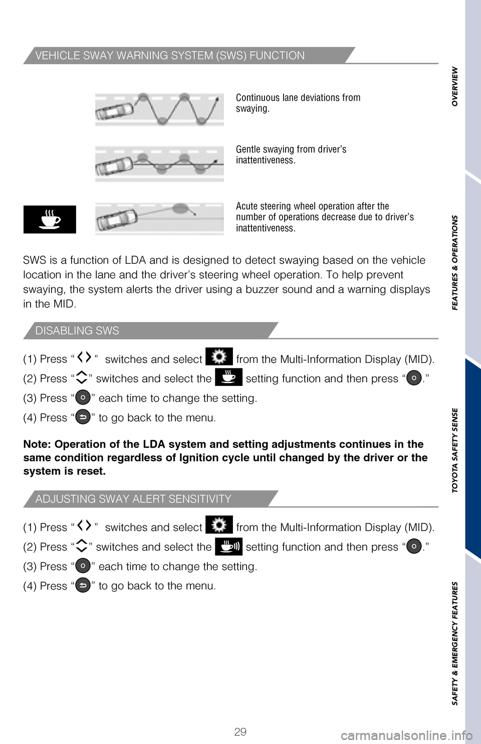 TOYOTA AVALON HYBRID 2017 XX40 / 4.G Quick Reference Guide 29
OVERVIEW
FEATURES & OPERATIONS
TOYOTA SAFETY SENSE
SAFETY & EMERGENCY FEATURES
The LDA function displays when the Multi-Information Display (MID) is switched
to the driving assist system informat TOYOTA AVALON HYBRID 2017 XX40 / 4.G Quick Reference Guide 29
OVERVIEW
FEATURES & OPERATIONS
TOYOTA SAFETY SENSE
SAFETY & EMERGENCY FEATURES
The LDA function displays when the Multi-Information Display (MID) is switched
to the driving assist system informat