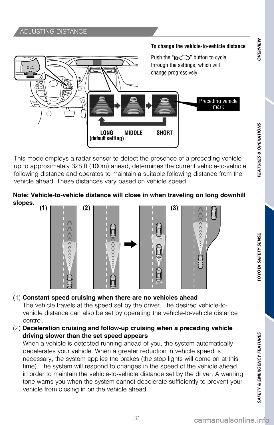 TOYOTA AVALON HYBRID 2017 XX40 / 4.G Quick Reference Guide 31
OVERVIEW
FEATURES & OPERATIONS
TOYOTA SAFETY SENSE
SAFETY & EMERGENCY FEATURES
DRCC helps maintain a pre-set distance to a preceding vehicle when the p\
receding
vehicle is traveling at a lower sp TOYOTA AVALON HYBRID 2017 XX40 / 4.G Quick Reference Guide 31
OVERVIEW
FEATURES & OPERATIONS
TOYOTA SAFETY SENSE
SAFETY & EMERGENCY FEATURES
DRCC helps maintain a pre-set distance to a preceding vehicle when the p\
receding
vehicle is traveling at a lower sp