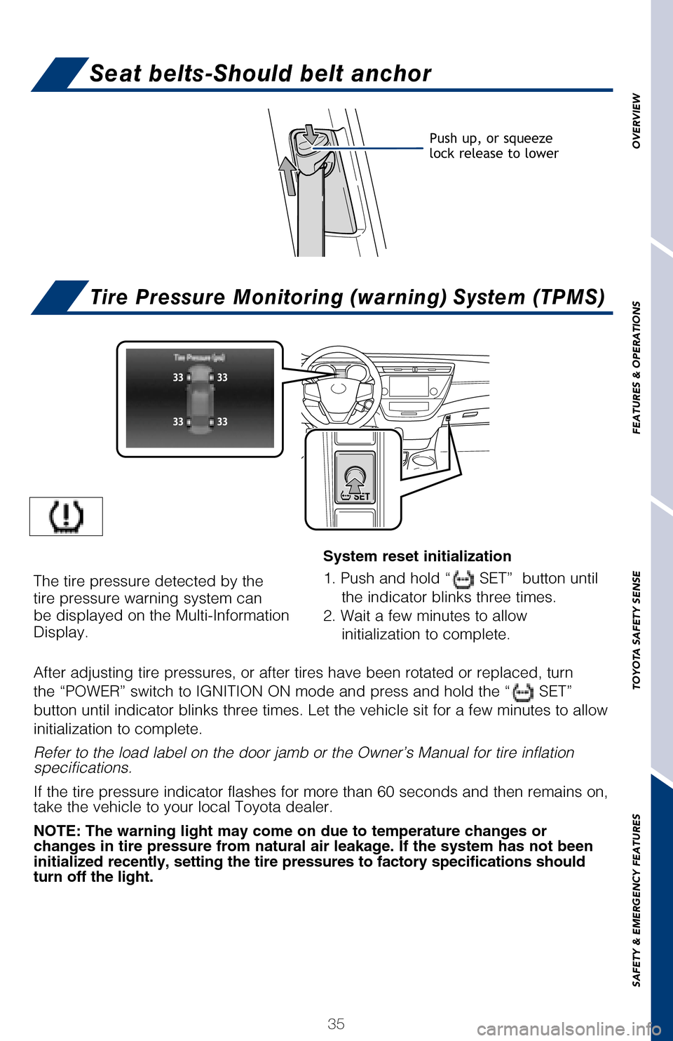 TOYOTA AVALON HYBRID 2017 XX40 / 4.G Quick Reference Guide 35
OVERVIEW
FEATURES & OPERATIONS
TOYOTA SAFETY SENSE
SAFETY & EMERGENCY FEATURES
Moving the lever to the lock position will allow the door to be opened o\
nly from the
outside.
Take up slack
NOTE: I TOYOTA AVALON HYBRID 2017 XX40 / 4.G Quick Reference Guide 35
OVERVIEW
FEATURES & OPERATIONS
TOYOTA SAFETY SENSE
SAFETY & EMERGENCY FEATURES
Moving the lever to the lock position will allow the door to be opened o\
nly from the
outside.
Take up slack
NOTE: I