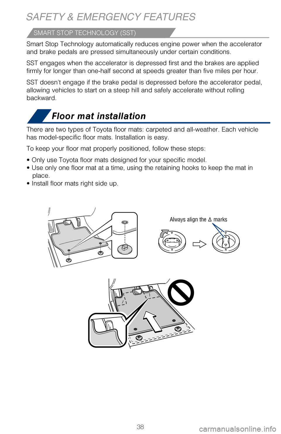 TOYOTA AVALON HYBRID 2017 XX40 / 4.G Quick Reference Guide 38
Floor mat installation
SMART STOP TECHNOLOGY (SST)
There are two types of Toyota floor mats: carpeted and all-weather. Each\
vehicle
has model-specific floor mats. Installation is easy.
To keep TOYOTA AVALON HYBRID 2017 XX40 / 4.G Quick Reference Guide 38
Floor mat installation
SMART STOP TECHNOLOGY (SST)
There are two types of Toyota floor mats: carpeted and all-weather. Each\
vehicle
has model-specific floor mats. Installation is easy.
To keep