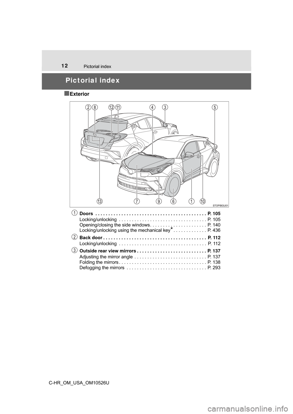 TOYOTA C-HR 2018 1.G User Guide 12Pictorial index
C-HR_OM_USA_OM10526U
Pictorial index
■
Exterior
Doors . . . . . . . . . . . . . . . . . . . . . . . . . . . . . . . . . . . . . . . . . . . P. 105
Locking/unlocking . . . . . . TOYOTA C-HR 2018 1.G User Guide 12Pictorial index
C-HR_OM_USA_OM10526U
Pictorial index
■
Exterior
Doors . . . . . . . . . . . . . . . . . . . . . . . . . . . . . . . . . . . . . . . . . . . P. 105
Locking/unlocking . . . . . .