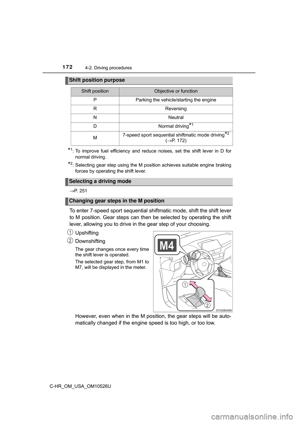 TOYOTA C-HR 2018 1.G Owners Manual 1724-2. Driving procedures
C-HR_OM_USA_OM10526U
*1: To improve fuel efficiency and reduce noises, set the shift lever in D fornormal driving.
*2: Selecting gear step using the M position achieves suit