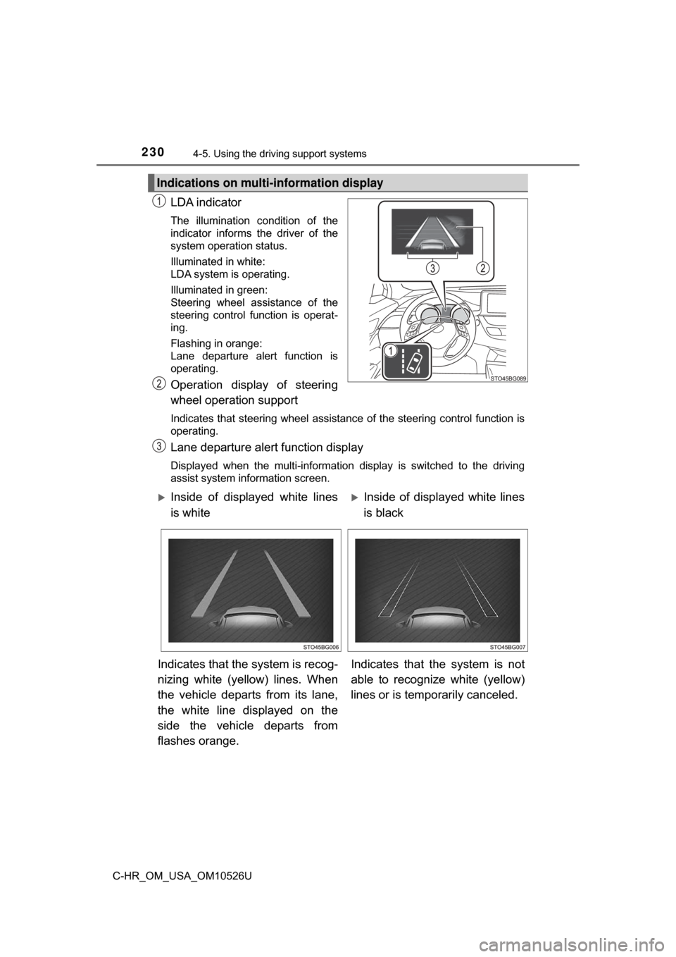 TOYOTA C-HR 2018 1.G Owners Manual 2304-5. Using the driving support systems
C-HR_OM_USA_OM10526U
LDA indicator
The illumination condition of the
indicator informs the driver of the
system operation status.
Illuminated in white:
LDA sy