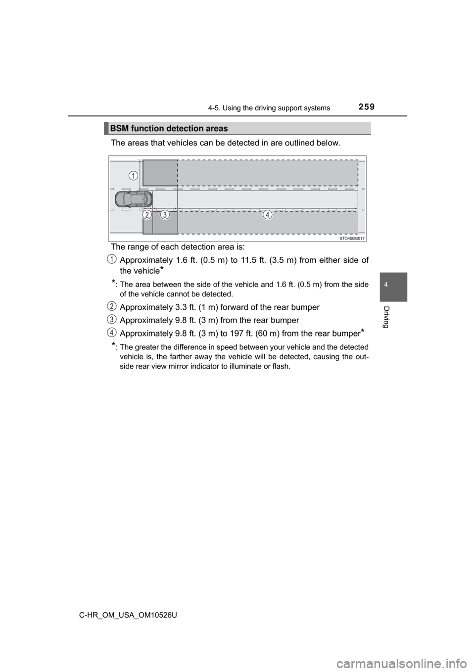TOYOTA C-HR 2018 1.G Owners Manual 2594-5. Using the driving support systems
4
Driving
C-HR_OM_USA_OM10526U
The areas that vehicles can be detected in are outlined below.
The range of each detection area is: Approximately 1.6 ft. (0.5 