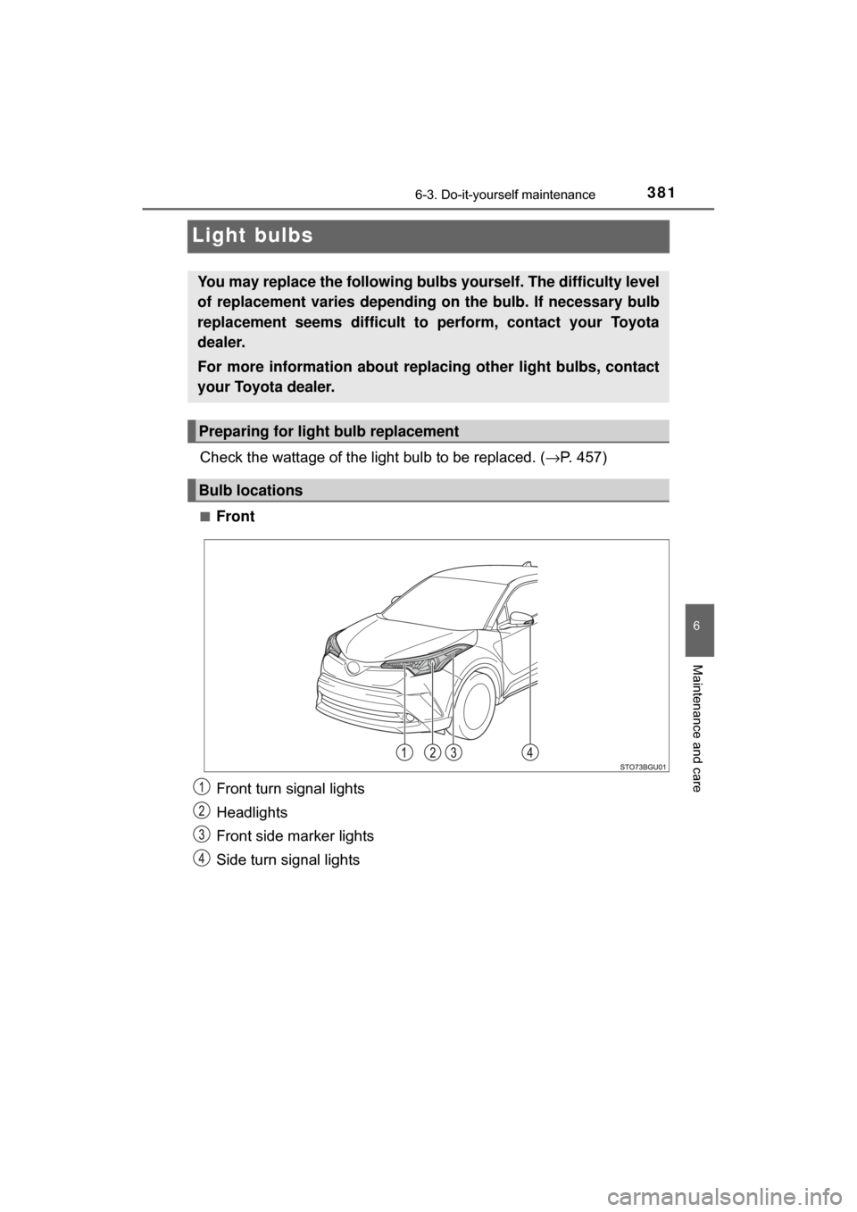 TOYOTA C-HR 2018 1.G Owners Manual 3816-3. Do-it-yourself maintenance
6
Maintenance and care
C-HR_OM_USA_OM10526U
Light bulbs
Check the wattage of the light bulb to be replaced. (→P. 457)
■Front
Front turn signal lights
Headlights
