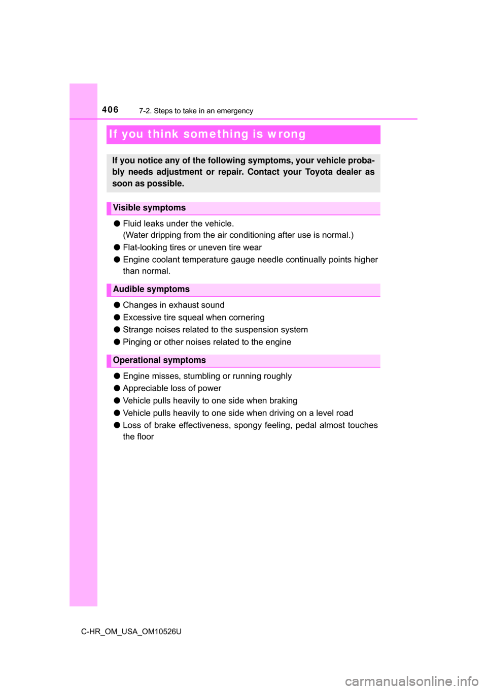 TOYOTA C-HR 2018 1.G Owners Manual 4067-2. Steps to take in an emergency
C-HR_OM_USA_OM10526U
If you think something is wrong
●Fluid leaks under the vehicle.
(Water dripping from the air co nditioning after use is normal.)
● Flat-l