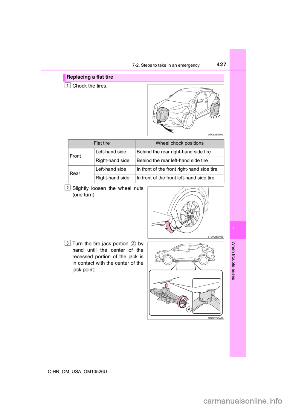TOYOTA C-HR 2018 1.G Owners Manual 4277-2. Steps to take in an emergency
7
When trouble arises
C-HR_OM_USA_OM10526U
Chock the tires.
Slightly loosen the wheel nuts
(one turn).
Turn the tire jack portion   by
hand until the center of th