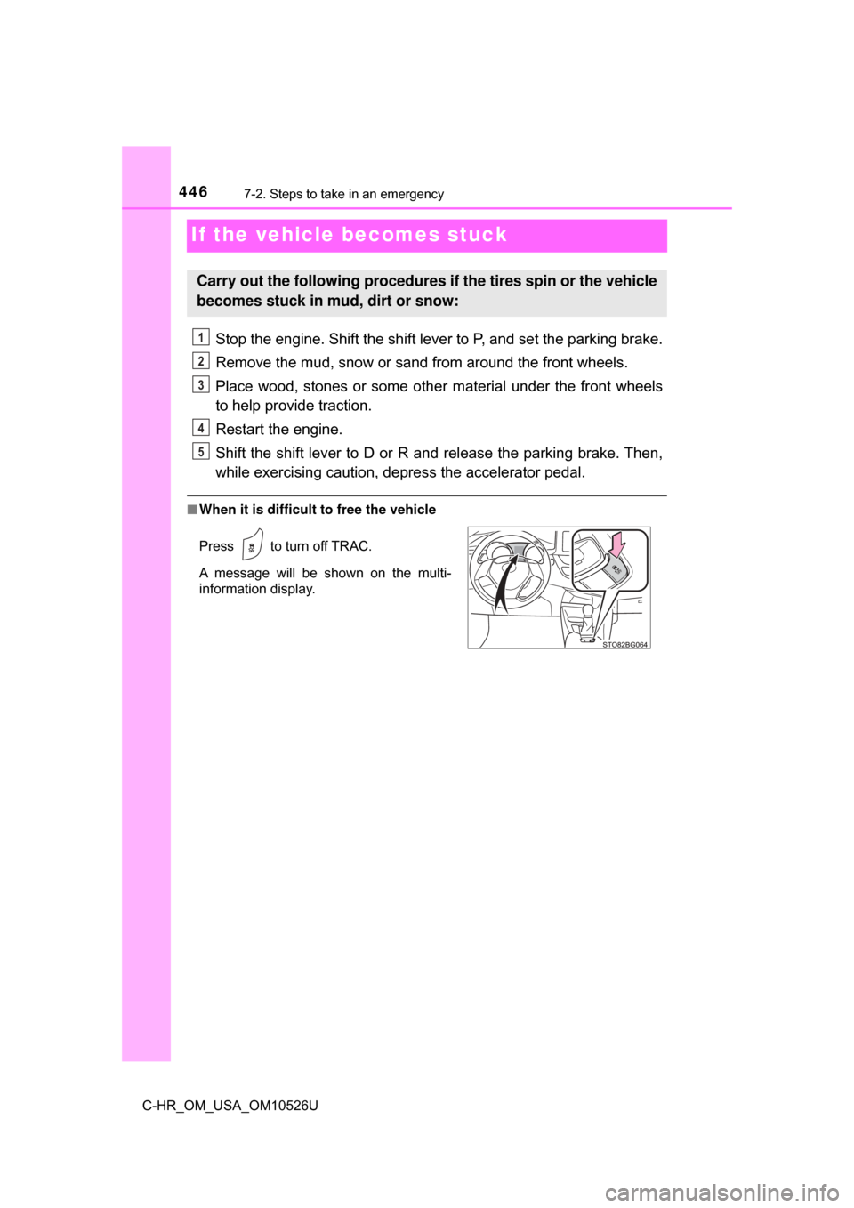 TOYOTA C-HR 2018 1.G Service Manual 4467-2. Steps to take in an emergency
C-HR_OM_USA_OM10526U
If the vehicle becomes stuck
Stop the engine. Shift the shift lever to P, and set the parking brake.
Remove the mud, snow or sand from around