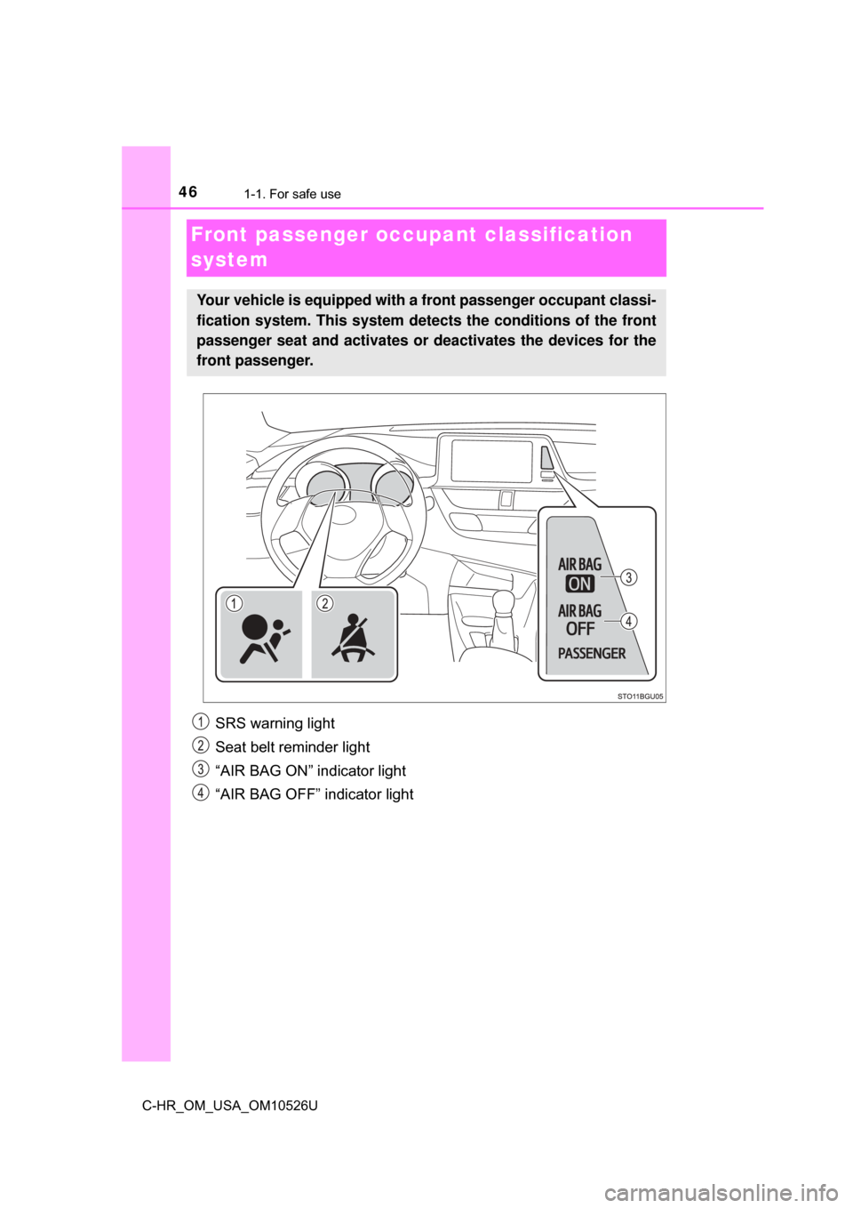 TOYOTA C-HR 2018 1.G Service Manual 461-1. For safe use
C-HR_OM_USA_OM10526U
Front passenger occupant classification 
system
SRS warning light
Seat belt reminder light
“AIR BAG ON” indicator light
“AIR BAG OFF” indicator light
Y