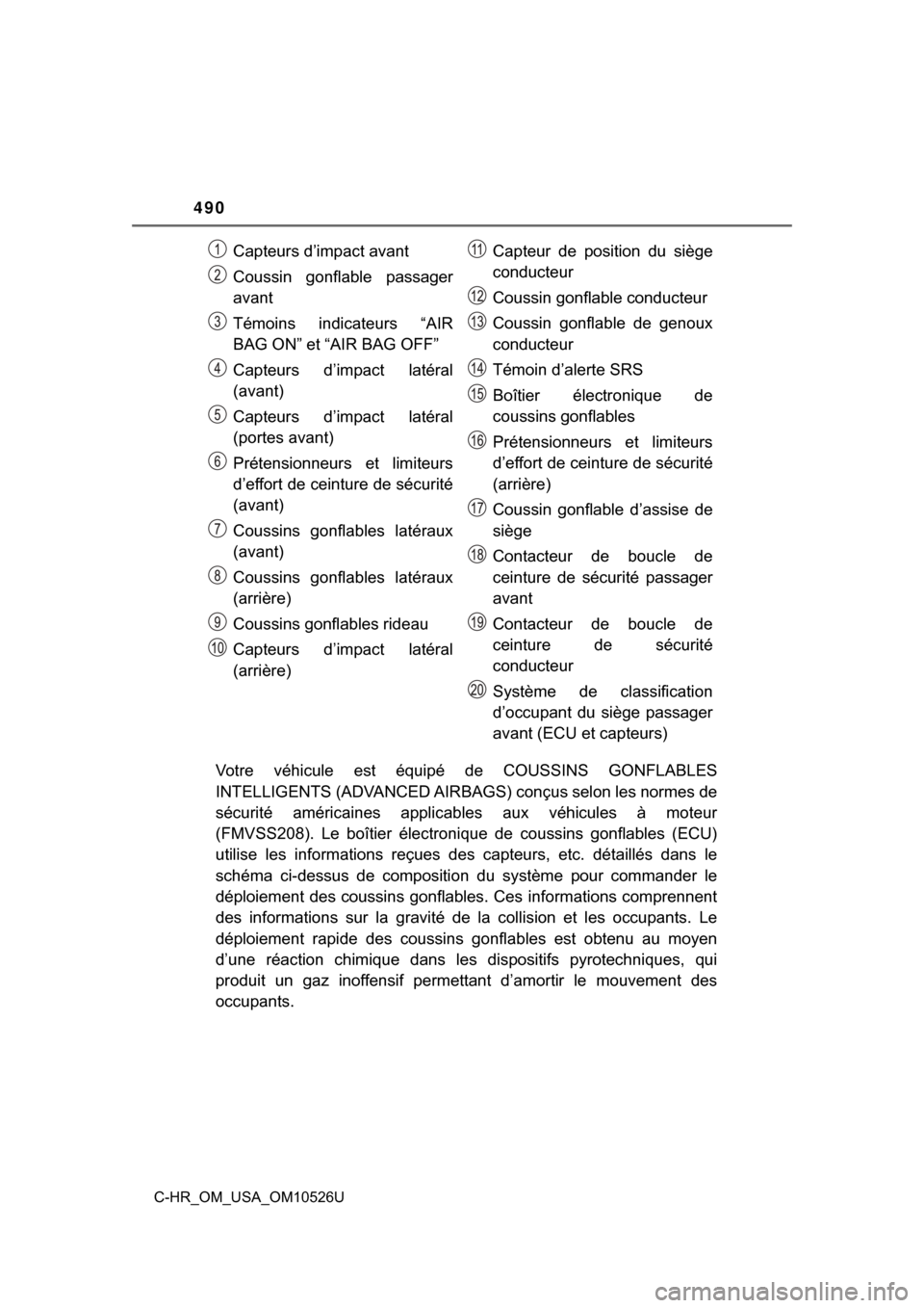 TOYOTA C-HR 2018 1.G Owners Manual 490
C-HR_OM_USA_OM10526U
Votre véhicule est équipé de COUSSINS GONFLABLES
INTELLIGENTS (ADVANCED AIRBAGS) conçus selon les normes de
sécurité américaines applic ables aux véhicules à moteur
(