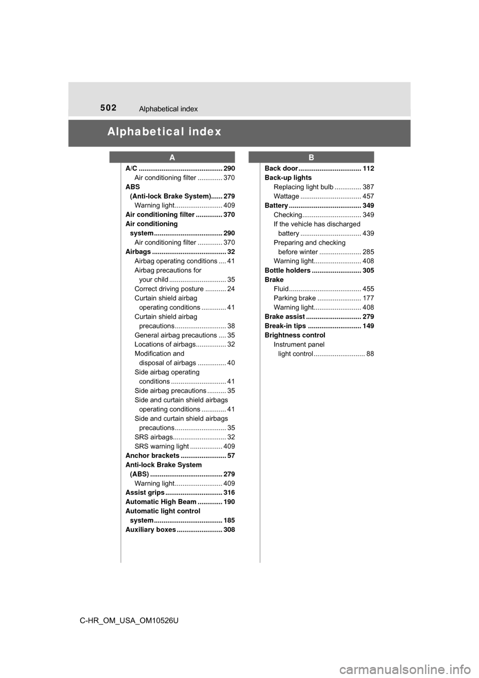 TOYOTA C-HR 2018 1.G User Guide 502Alphabetical index
C-HR_OM_USA_OM10526U
Alphabetical index
A/C ............................................ 290Air conditioning filter ............. 370
ABS  (Anti-lock Brake System)...... 279 Warn