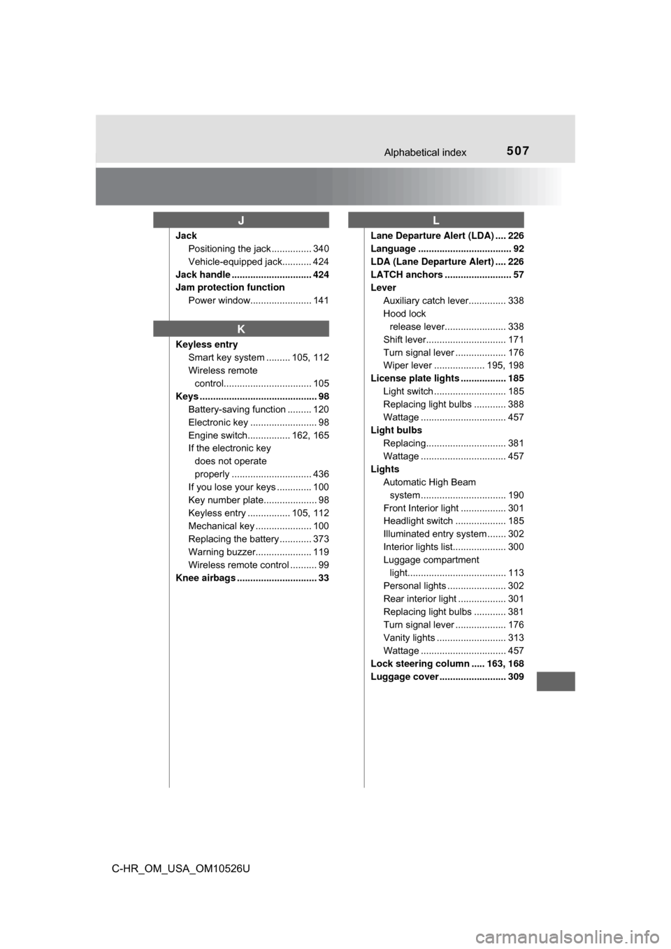 TOYOTA C-HR 2018 1.G Service Manual 507Alphabetical index
C-HR_OM_USA_OM10526U
JackPositioning the jack ............... 340
Vehicle-equipped jack........... 424
Jack handle .............................. 424
Jam protection function Powe