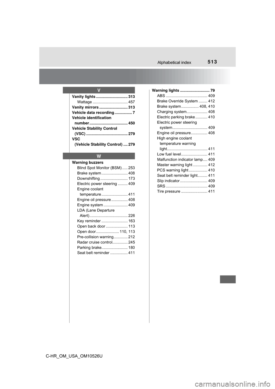 TOYOTA C-HR 2018 1.G Owners Manual 513Alphabetical index
C-HR_OM_USA_OM10526U
Vanity lights ............................. 313Wattage ................................ 457
Vanity mirrors .......................... 313
Vehicle data record