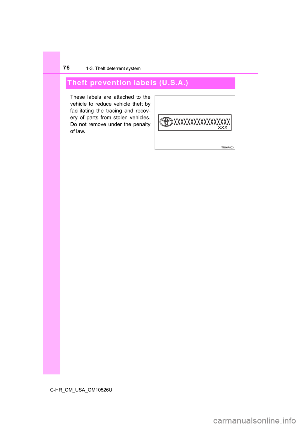 TOYOTA C-HR 2018 1.G Manual PDF 761-3. Theft deterrent system
C-HR_OM_USA_OM10526U
Theft prevention labels (U.S.A.)
These labels are attached to the
vehicle to reduce vehicle theft by
facilitating the tracing and recov-
ery of parts TOYOTA C-HR 2018 1.G Manual PDF 761-3. Theft deterrent system
C-HR_OM_USA_OM10526U
Theft prevention labels (U.S.A.)
These labels are attached to the
vehicle to reduce vehicle theft by
facilitating the tracing and recov-
ery of parts