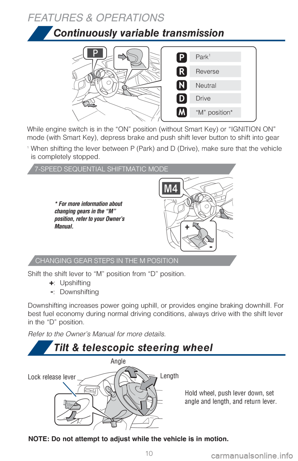 TOYOTA C-HR 2018 1.G Quick Reference Guide 10
Continuously variable transmission
CHANGING GEAR STEPS IN THE M POSITION
7-SPEED SEQUENTIAL SHIFTMATIC MODE
1��8�I�F�O��T�I�J�G�U�J�O�H��U�I�F��M�F�W�F�S��C�F�U�X�F�F�O��1��	�1�B�S�L�
��B�O