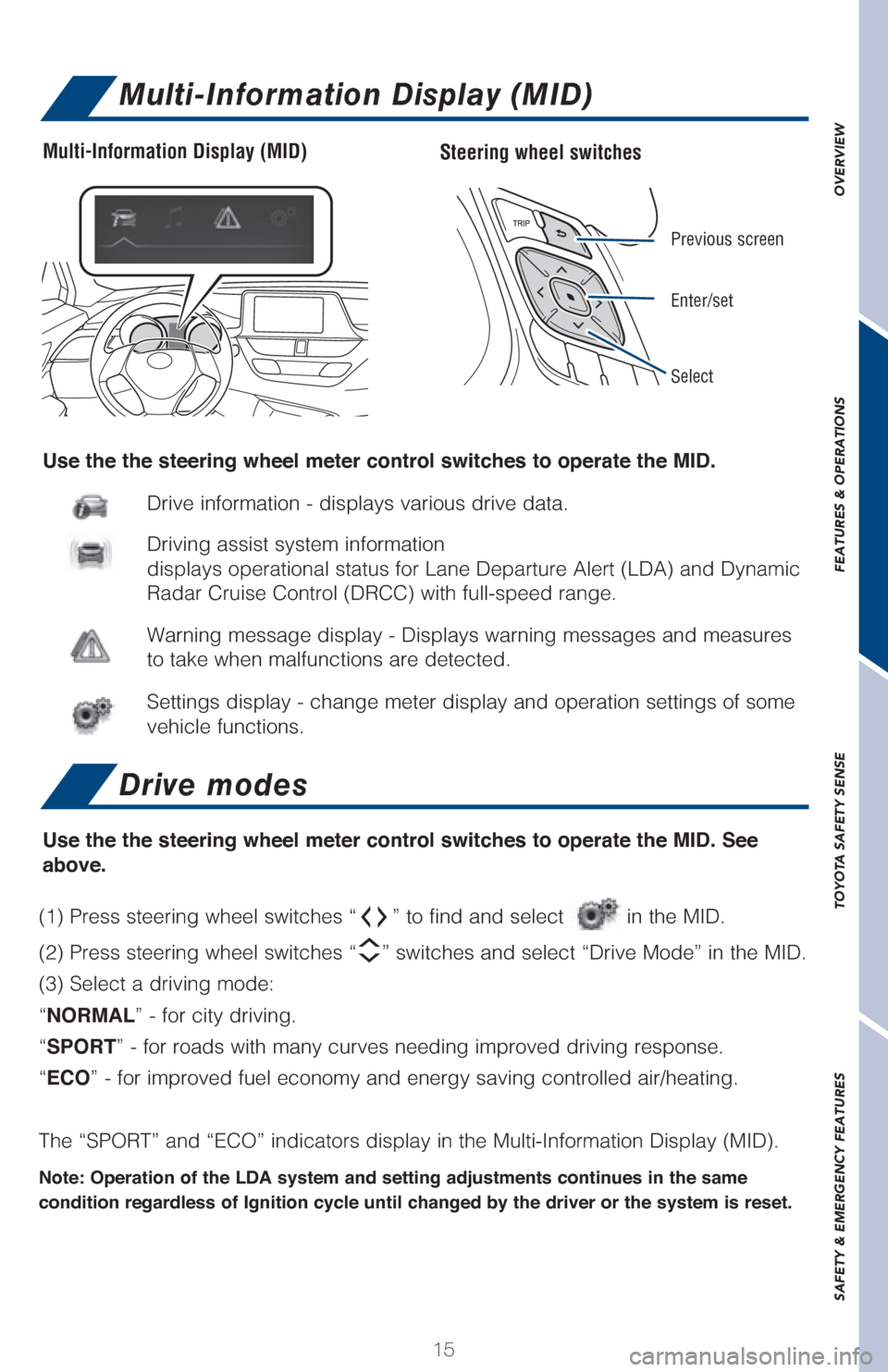 TOYOTA C-HR 2018 1.G Quick Reference Guide 15
OVERVIEW FEATURES & OPERATIONS TOYOTA SAFETY SENSE SAFETY & EMERGENCY FEATURES
Multi-Information Display (MID)
Steering wheel switchesMulti-Information Display (MID)
Previous screen
Enter/set
Selec