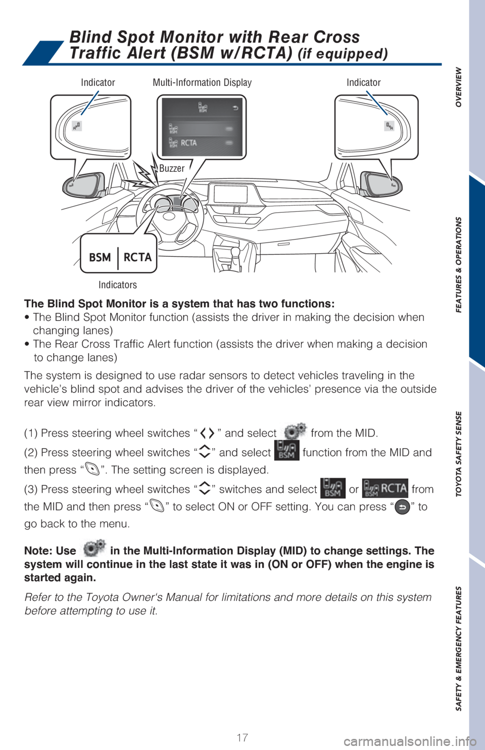 TOYOTA C-HR 2018 1.G Quick Reference Guide 17
OVERVIEW FEATURES & OPERATIONS TOYOTA SAFETY SENSE SAFETY & EMERGENCY FEATURES
Blind Spot Monitor with Rear Cross 
Traffic Alert (BSM w/RCTA) 
(if equipped)
IndicatorIndicatorMulti-Information Disp