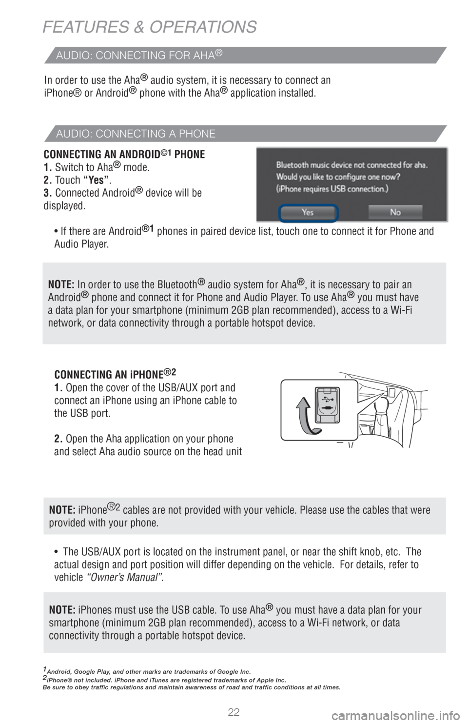 TOYOTA C-HR 2018 1.G Quick Reference Guide 22
FEATURES & OPERATIONS
1Android, Google Play, and other marks are trademarks of Google Inc.2iPhone® not included. iPhone and iTunes are registered trademarks of Apple Inc.
Be sure to obey traffic r