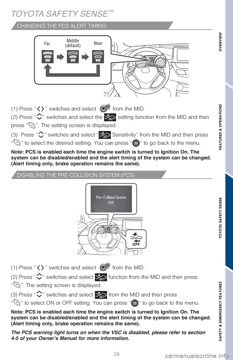 TOYOTA C-HR 2018 1.G Quick Reference Guide 29
OVERVIEW FEATURES & OPERATIONS TOYOTA SAFETY SENSE SAFETY & EMERGENCY FEATURES
CHANGING THE PCS ALERT TIMING
TOYOTA SAFETY SENSE™
�	��
��1�S�F�T�T��i” switches and select  from the MID.  
�	