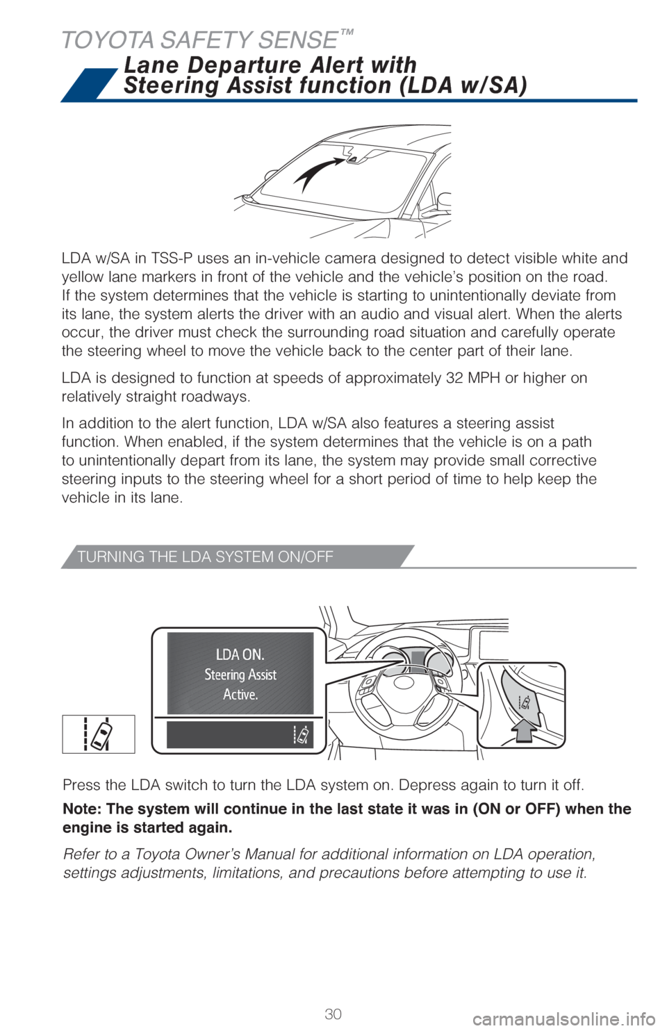 TOYOTA C-HR 2018 1.G Quick Reference Guide 30
TURNING THE LDA SYSTEM ON/OFF
Press the LDA switch to turn the LDA system on. Depress again to turn it off.
Note: The system will continue in the last state it was in (ON or OFF) when the 
engine i