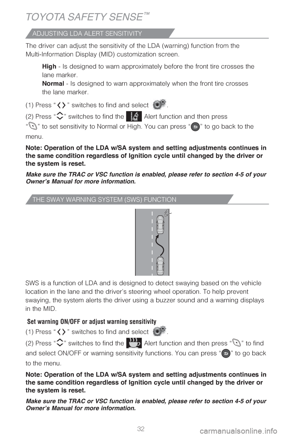TOYOTA C-HR 2018 1.G Quick Reference Guide 32
�5�)�&��4�8�"�:��8�"�3�/�*�/�(��4�:�4�5�&�.��	�4�8�4�
���6�/�$�5�*�0�/
SWS is a function of LDA and is designed to detect swaying based on the vehicle 
location in the lane and the driver’s