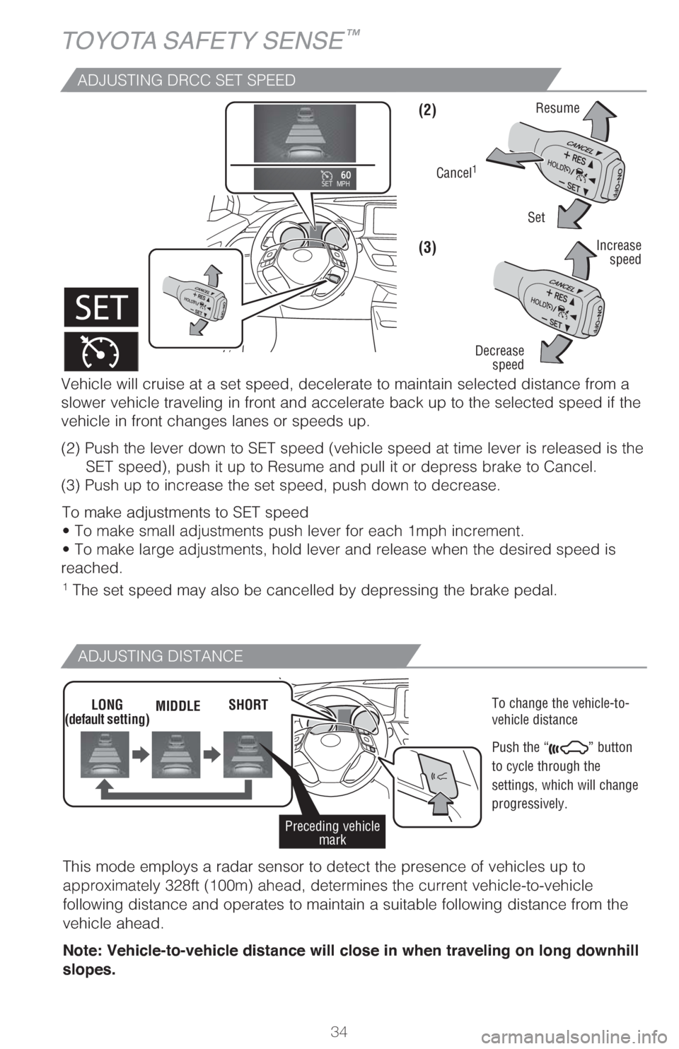 TOYOTA C-HR 2018 1.G Quick Reference Guide 34
ADJUSTING DRCC SET SPEED
1
The set speed may also be cancelled by depressing the brake pedal. Vehicle will cruise at a set speed, decelerate to maintain selected distance from a
slower vehicle t TOYOTA C-HR 2018 1.G Quick Reference Guide 34
ADJUSTING DRCC SET SPEED
1
The set speed may also be cancelled by depressing the brake pedal. Vehicle will cruise at a set speed, decelerate to maintain selected distance from a
slower vehicle t