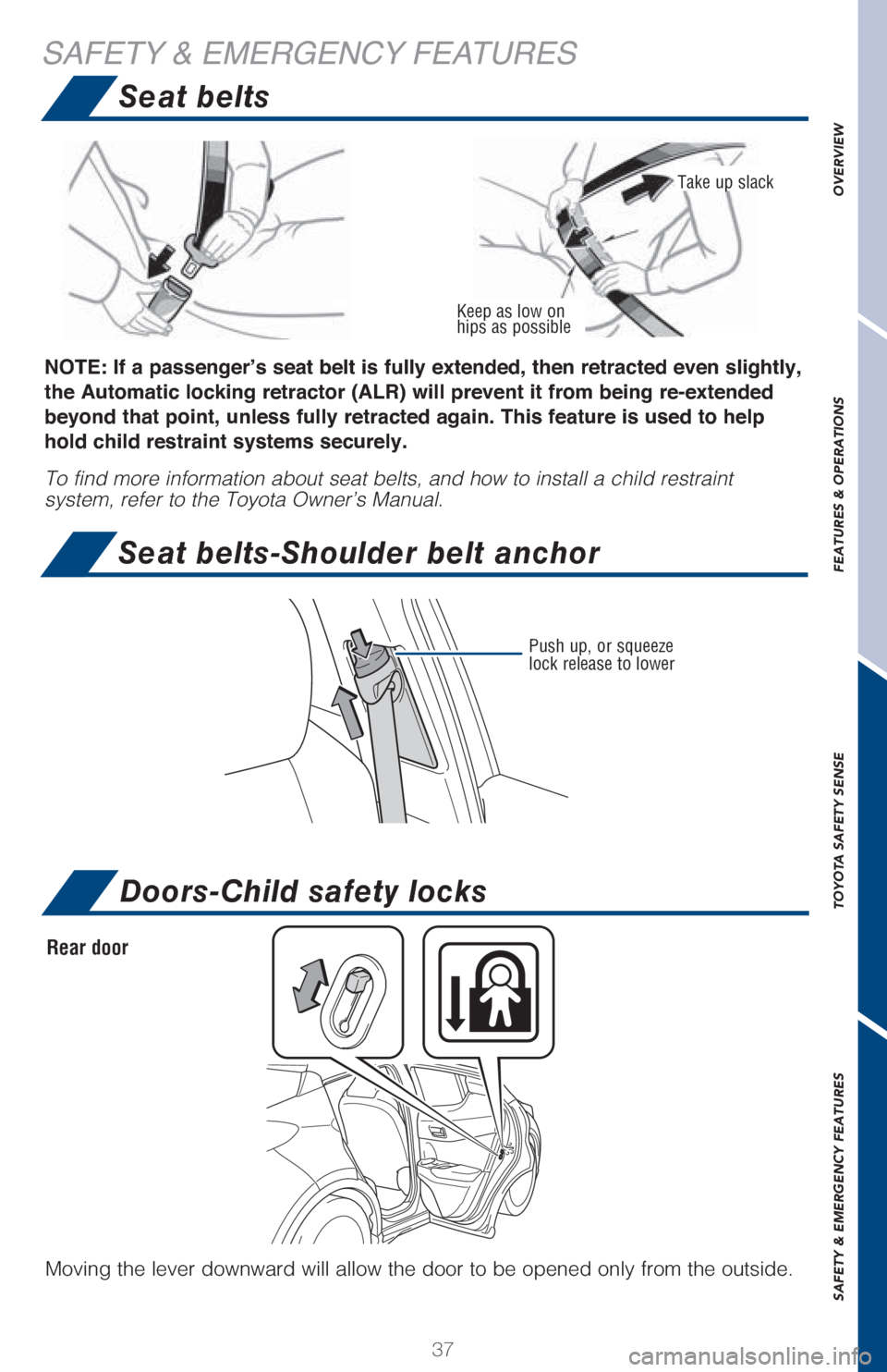 TOYOTA C-HR 2018 1.G Quick Reference Guide 37
OVERVIEW FEATURES & OPERATIONS TOYOTA SAFETY SENSE SAFETY & EMERGENCY FEATURES
Doors-Child safety locks
SAFETY & EMERGENCY FEATURES
Keep as low on 
hips as possible
Take up slack
�1�2�7�(���,�I�