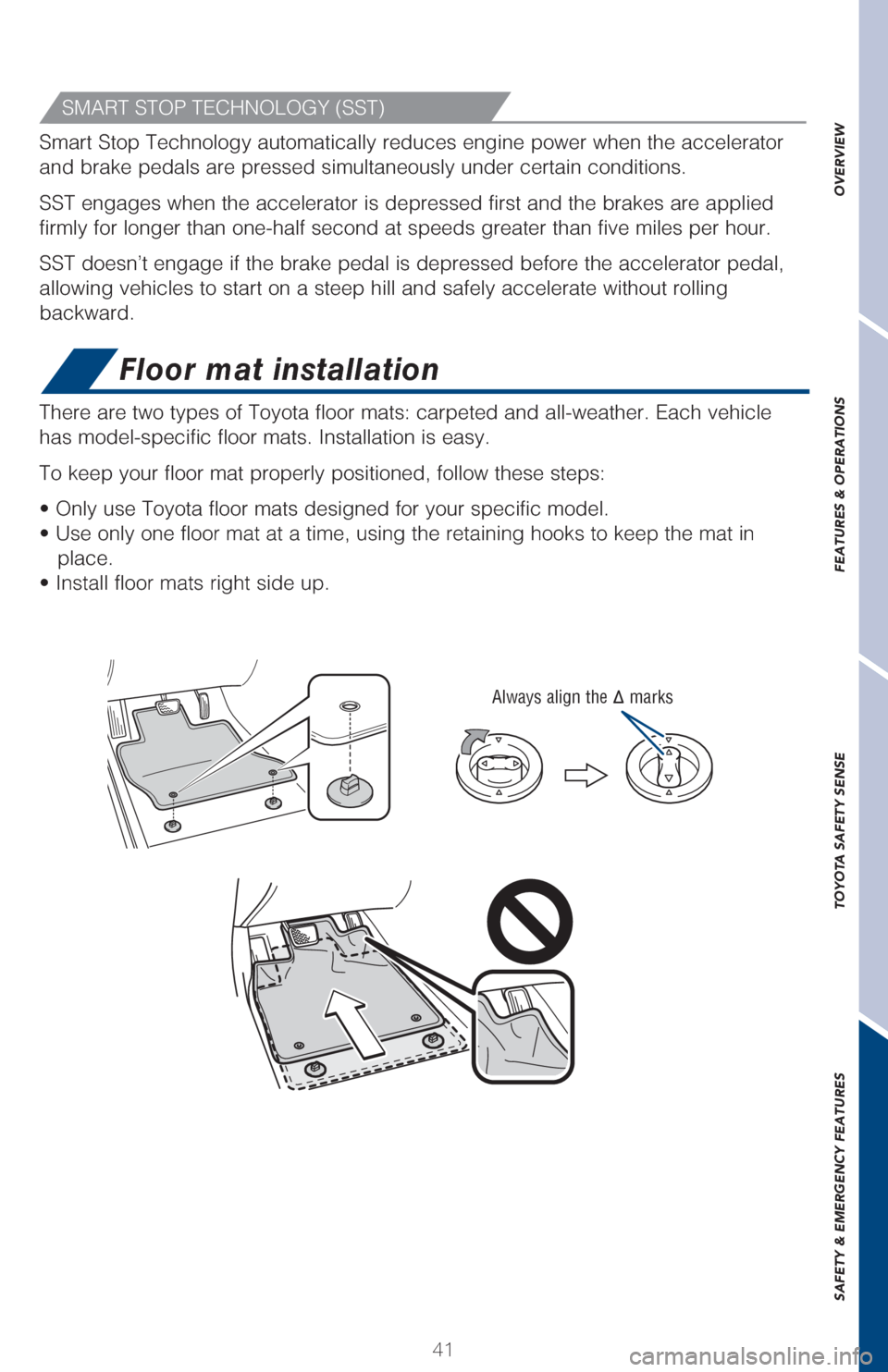 TOYOTA C-HR 2018 1.G Quick Reference Guide 41
OVERVIEW FEATURES & OPERATIONS TOYOTA SAFETY SENSE SAFETY & EMERGENCY FEATURES
Floor mat installation
�4�.�"�3�5��4�5�0�1��5�&�$�)�/�0�-�0�(�:��	�4�4�5�

There are two types of Toyota floor mats