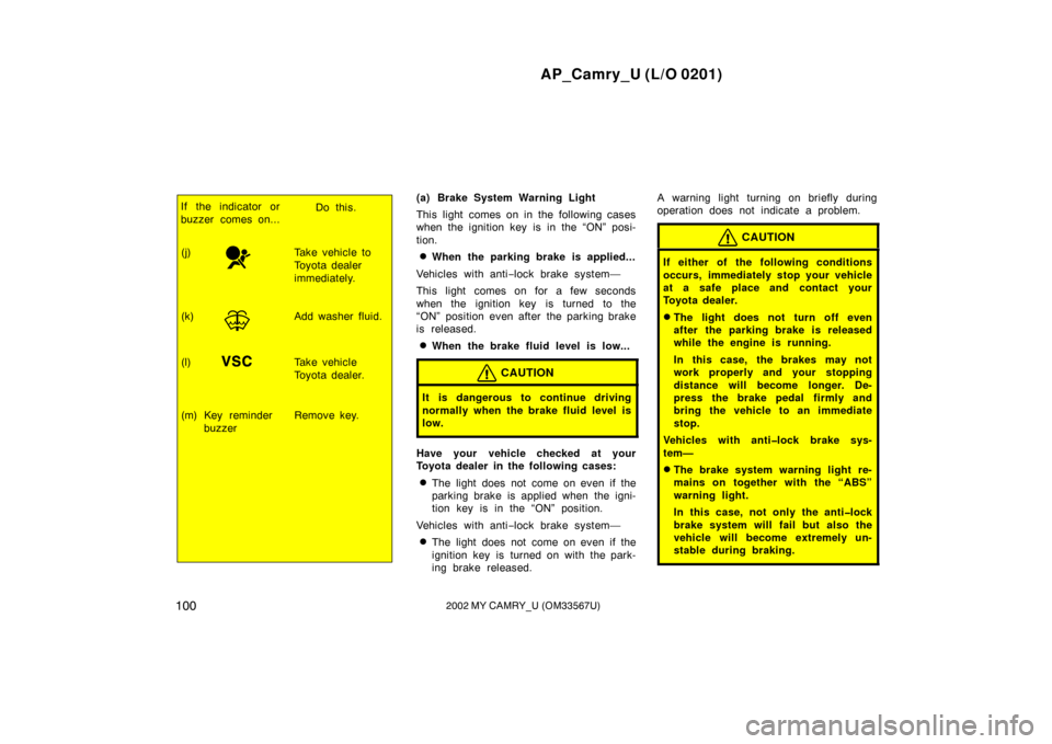 TOYOTA CAMRY 2002 XV30 / 7.G Owners Manual AP_Camry_U (L/O 0201)
1002002 MY CAMRY_U (OM33567U)
(k)Add washer fluid.
(m) Remove key.
Key reminder
buzzer
If the indicator or
buzzer comes on... Do this.
(j) Take vehicle to  Toyota dealer
immediat