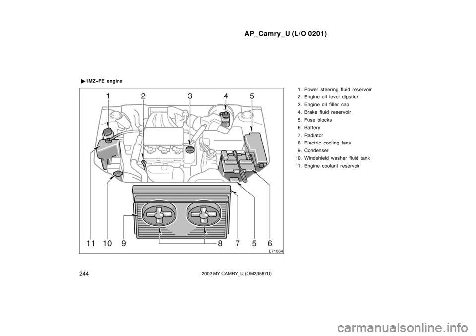 TOYOTA CAMRY 2002 XV30 / 7.G Owners Manual AP_Camry_U (L/O 0201)
2442002 MY CAMRY_U (OM33567U)
1. Power steering fluid reservoir
2. Engine oil level dipstick
3. Engine oil filler  cap
4. Brake fluid reservoir
5. Fuse blocks
6. Battery
7. Radia