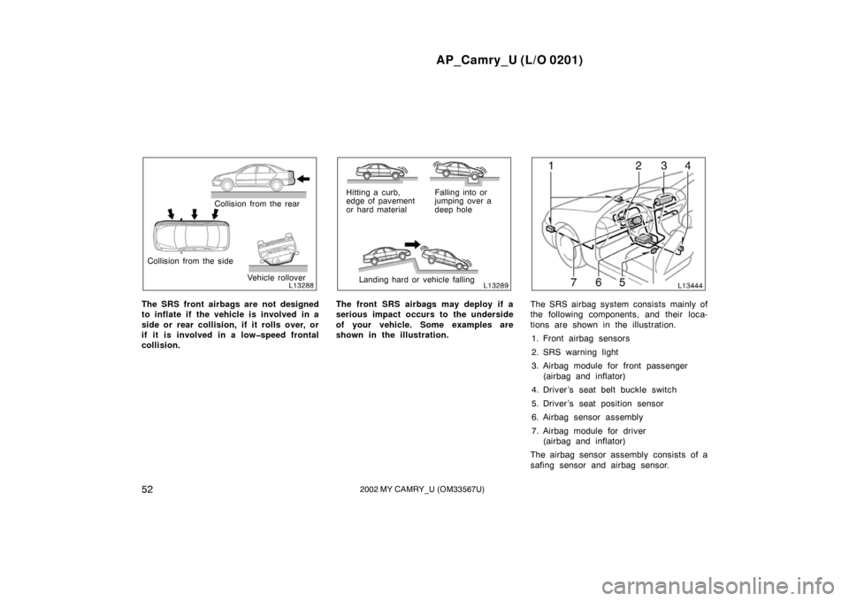 TOYOTA CAMRY 2002 XV30 / 7.G Workshop Manual AP_Camry_U (L/O 0201)
522002 MY CAMRY_U (OM33567U)
Collision from the rear
Collision from the side Vehicle rollover
The SRS front airbags are not designed
to inflate if the vehicle is involved in a
si