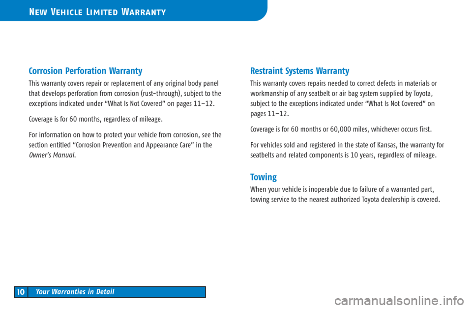 TOYOTA CAMRY 2003 XV30 / 7.G Warranty And Maintenance Guide Corrosion Perforation Warranty
This warranty covers repair or replacement of any original body panel
that develops perforation from corrosion (rust-through), subject to the
exceptions indicated under TOYOTA CAMRY 2003 XV30 / 7.G Warranty And Maintenance Guide Corrosion Perforation Warranty
This warranty covers repair or replacement of any original body panel
that develops perforation from corrosion (rust-through), subject to the
exceptions indicated under