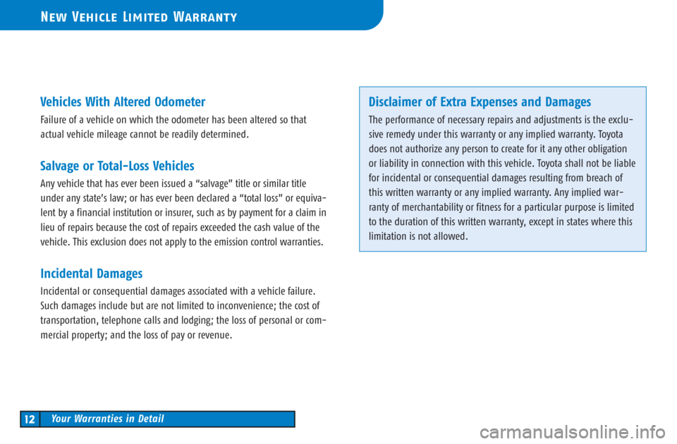 TOYOTA CAMRY 2003 XV30 / 7.G Warranty And Maintenance Guide Vehicles With Altered Odometer
Failure of a vehicle on which the odometer has been altered so that
actual vehicle mileage cannot be readily determined.
Salvage or Total-Loss Vehicles
Any vehicle that 